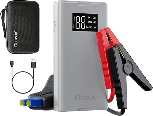 IDEAPLAY Arrancador de batería de coche de 1500 A, portátil para motor de gasolina de hasta 7.0 L y diésel de 5.5 L, batería de carga rápida tipo C