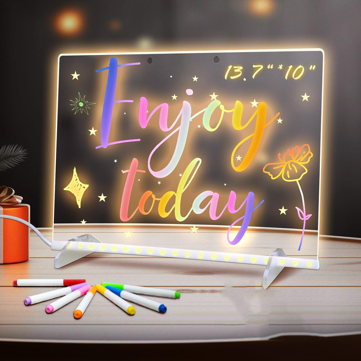 Interactive LED Note Board & Dry Erase Message Board for Kids, 13.7"x10" Light Up Acrylic Drawing Pad with 7 Colors, 4 Modes, Stand, Hanging Kit & 7 Markers, Creative Educational Gift for Boys & Girls