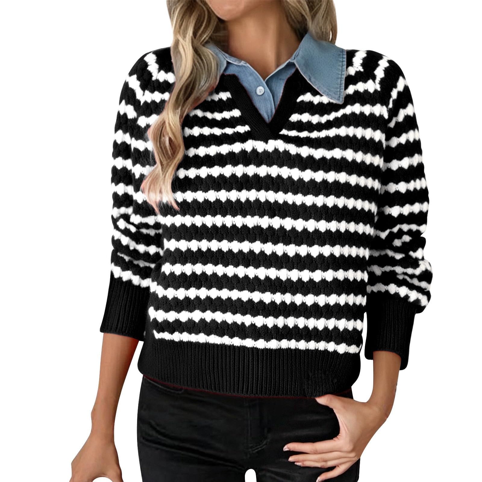 Womens Oversized Sweater Cozy Fall Long Sleeve Button Up Denim Lapel Pullover Tops Sweatshirt Tunic Collared Sweaters
