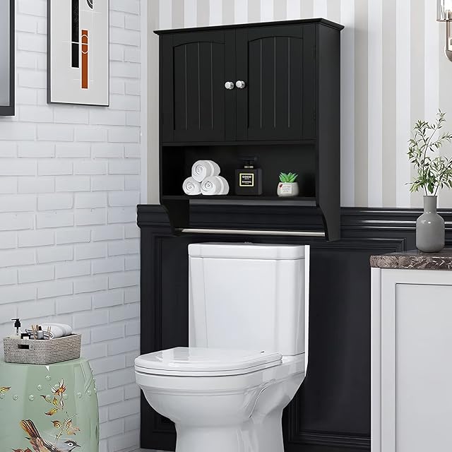 Iwell Black Bathroom Wall Cabinet with 1 Adjustable Shelf & Double Doors, Medicine Cabinet for Bathroom, Wall Mounted Bathroom Cabinet, Black