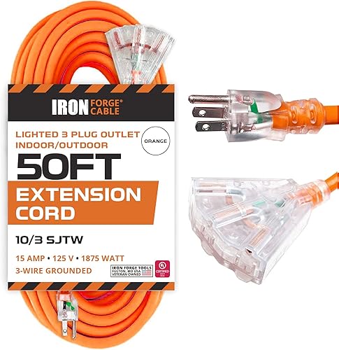 Miniatura 53 de Iron Forge Cable Cable de extensión de calibre 10 de 10 pies para exteriores con 3 tomas de corriente, cable de extensión naranja SJTW de 15