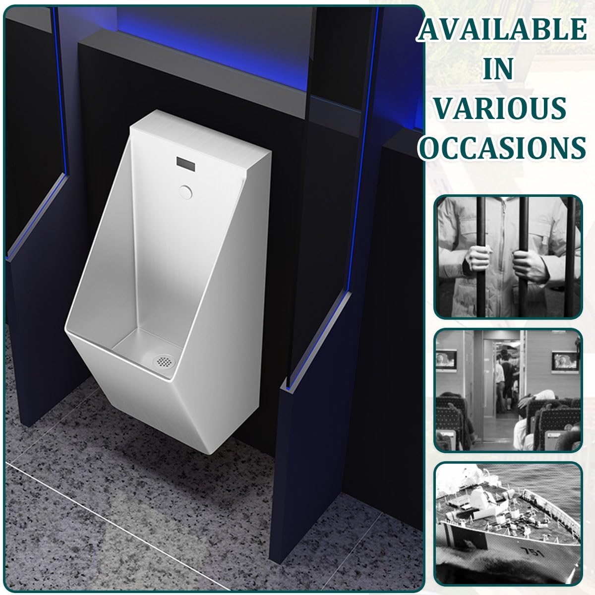 Urinario de acero inoxidable montado en la pared, sistema de descarga automática de 7 segundos para uso comercial en centros comerciales, escuelas, obras de construcción y baños públicos
