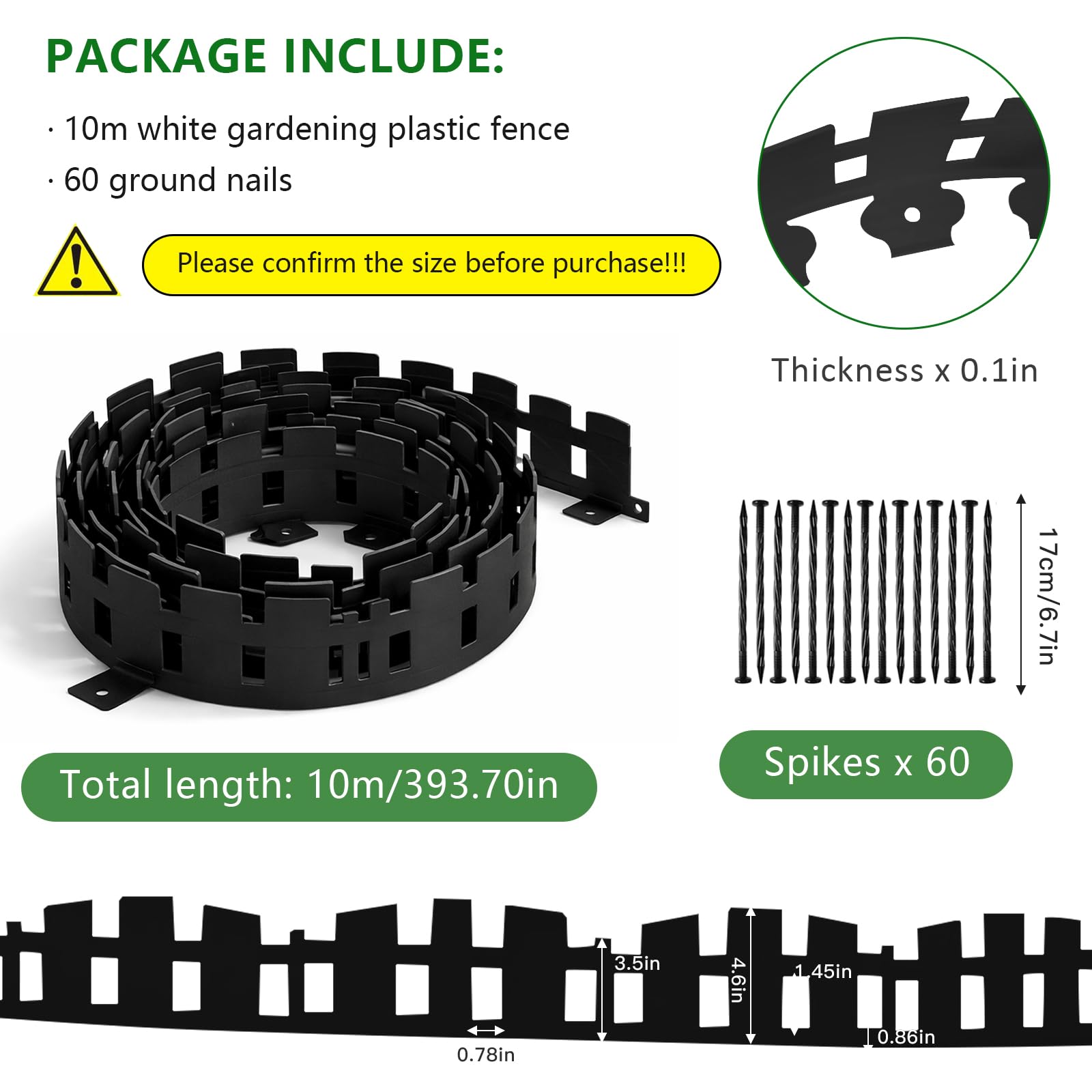 Bordo per prato, in plastica, 10 m, flessibile, con 60 ancoraggi e guanti, per prato, aiuole e sentieri, bordo per tosaerba (nero, 10 m)