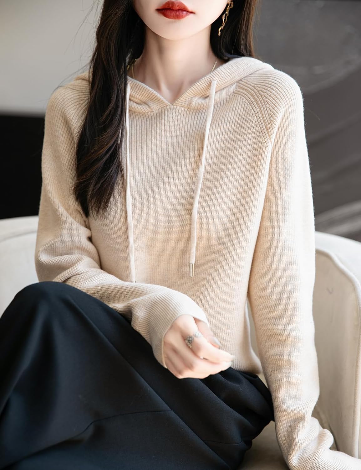 Women's Merino Wool Blend Hoodies 2025 Fall Winter Crewneck Sweatshirt Long Sleeve Knitted Sweater with Drawstring - Image 2