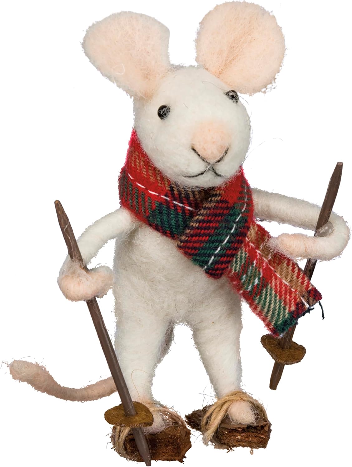Primitives by Kathy Skiing Mouse Felt Christmas Ornament - Adorable Collectible Critter with Snow Shoes, Poles & Plaid Scarf