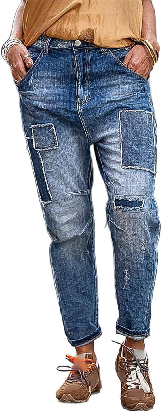 Flamingals Low Rise Straight Leg Casual Wash Ripped Patchwork Distressed Button Fly Denim Jeans
