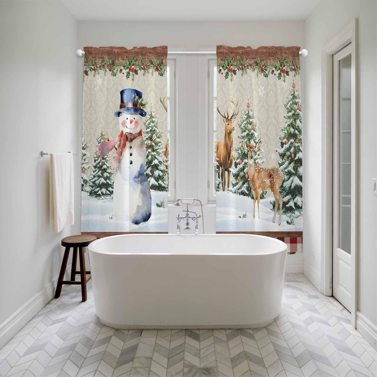 Snowman Christmas Window Curtains 72 Inch Long 2 Panel Set, Rod Pocket Long Curtains & Drapes, Xmas Tree Ball Farmhouse Plaid Elk Light Filtering Window Treatment for Bedroom Living Room 52"W x 72"L