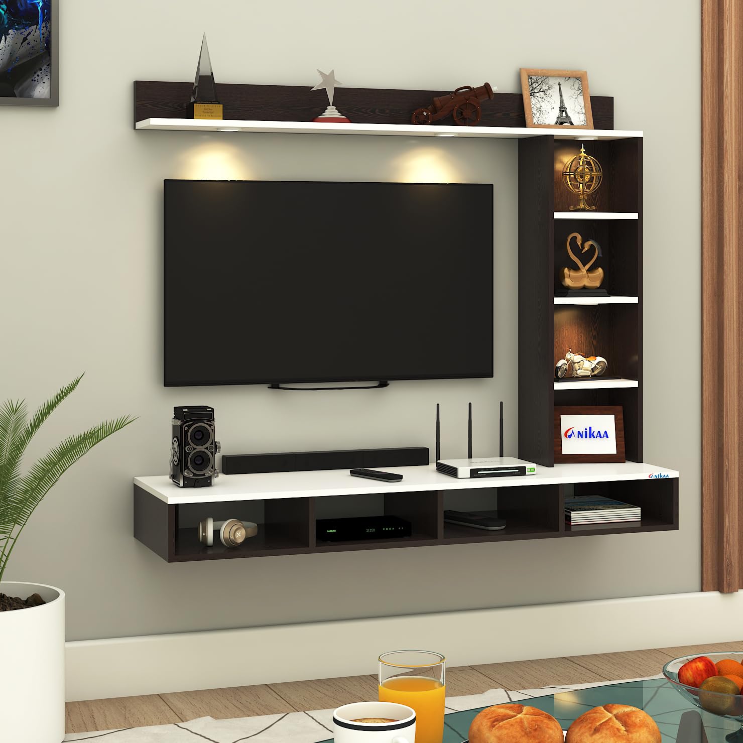 Anikaa Briza Engineered Wood Wall Mounted TV Unit with 4 LED Lights, 9 Open Display Boxes & Shelf Design for Living Room | Ideal for Upto 43 Inch TV- Wenge/White(DIY Installation)