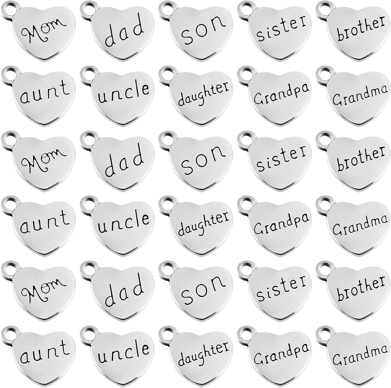Framendino, 50 Pack Family Letter Charms Pendants Heart Shape Charm Loose Bead Dad Mom Brother Daugther Son Sister Grandma Grandpa Uncle Aunt for Bracelet DIY Jewelry Making