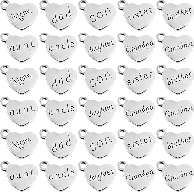 Framendino, 50 Pack Family Letter Charms Pendants Heart Shape Charm Loose Bead Dad Mom Brother Daugther Son Sister Grandma Grandpa Uncle Aunt for Bracelet DIY Jewelry Making