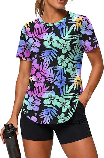 LOMON Workout Tops Women Short Sleeve Athletic Shirts UV Sun Protection Tee | UV Sun Protection SPF 50+ Quick Dry Curved Side-slit Hem Active Hiking Gym Rash Guard Wear