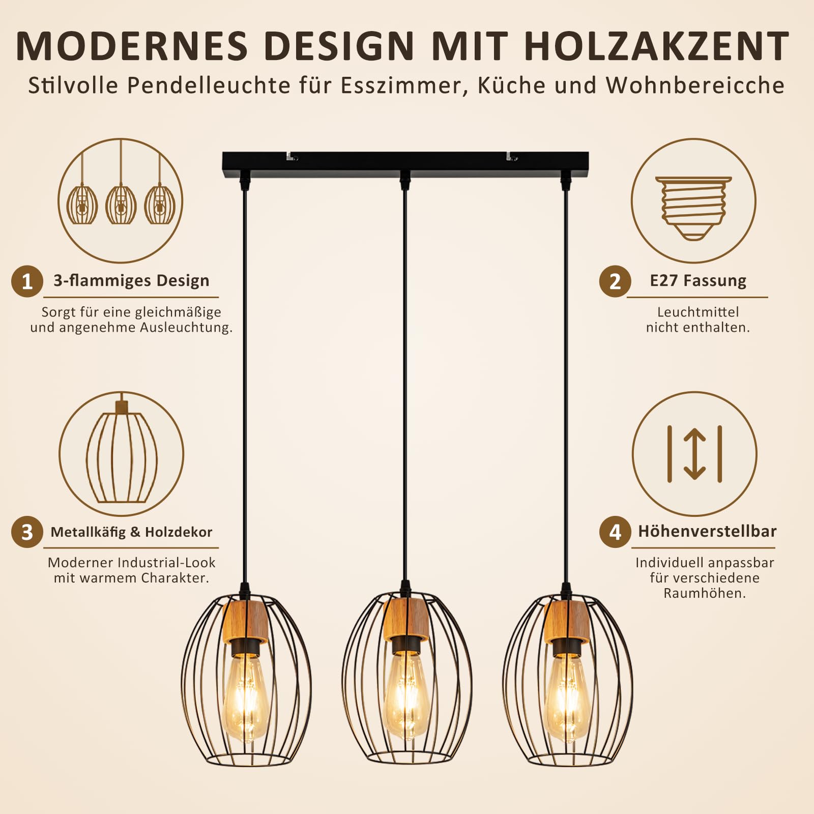 Hängelampe Vintage Pendelleuchte Esstisch - 3 flammig Esstischlampe | Hängend Schwarz Hängeleuchte Metall & Holz E27 Retro Pendellampe für Wohnzimmer Schlafzimmer Küche (Ohne Leuchtmittel)