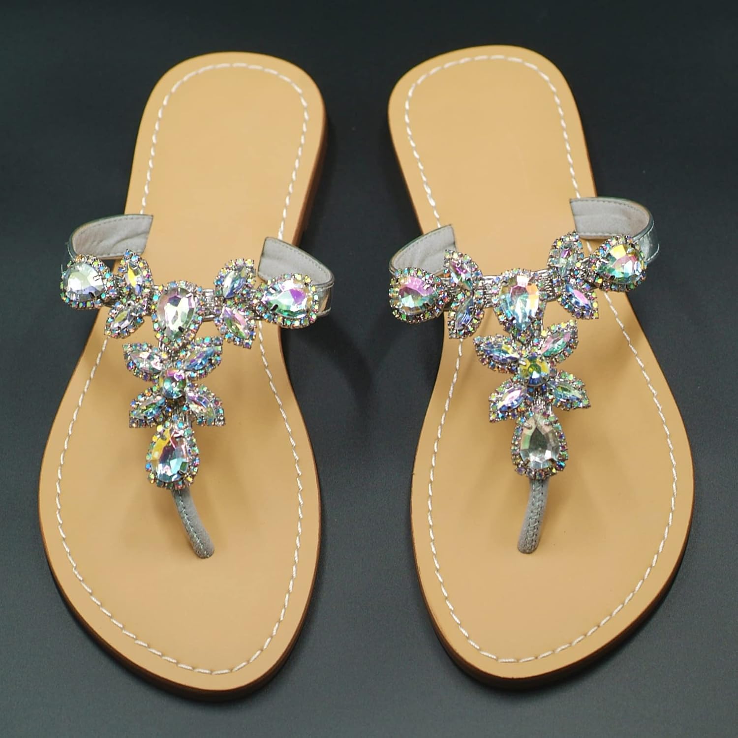 Women Sparkly Jeweled Thong Boho Sandals Bling Rhinestone Flip Flops with Crystal Diamond Flat Fancy Sandalias Gem Bohemian Beach Wedding Sandals Shoes - Image 3