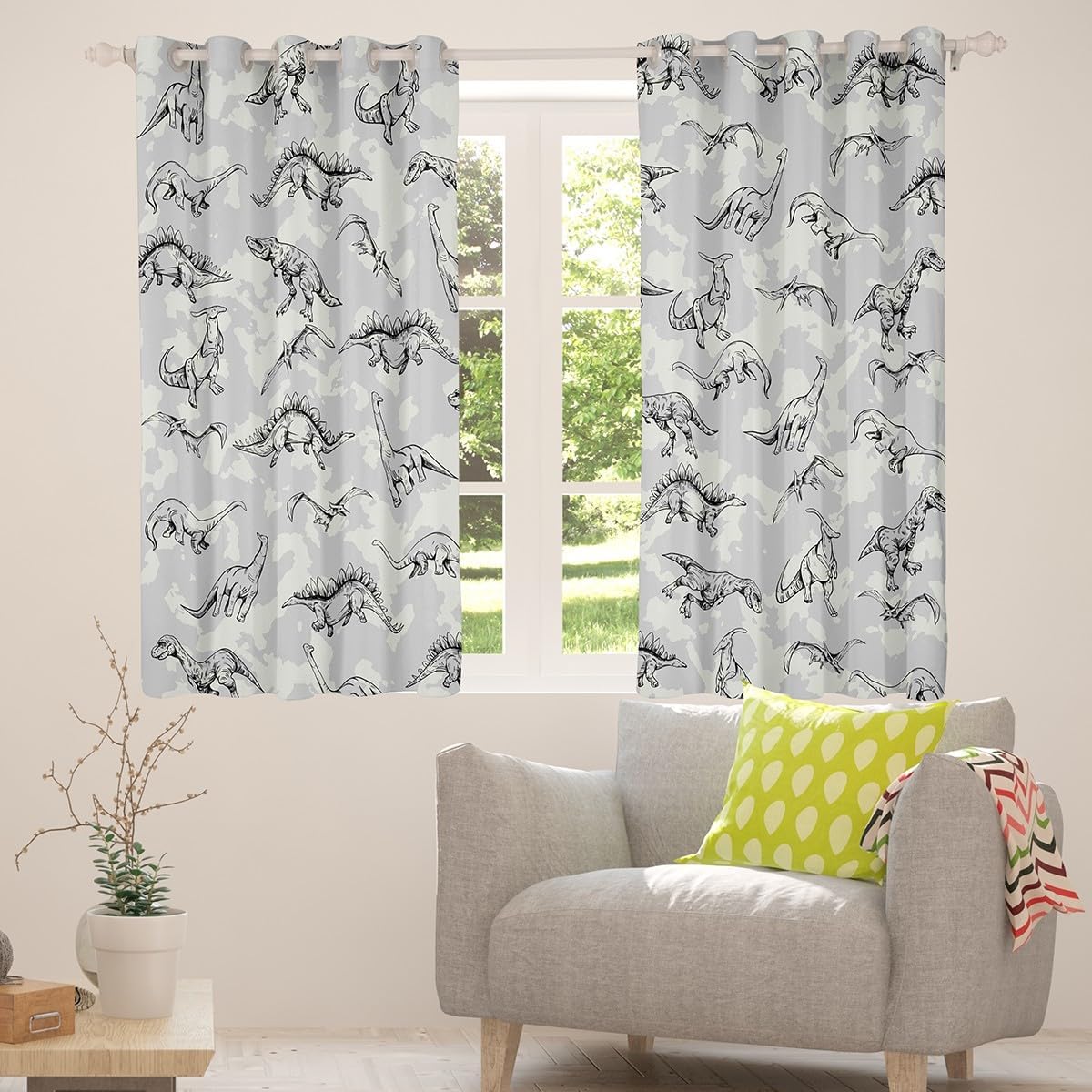 Dinosaur Curtains for Bedroom Living Room (2 Panels, 38 x 54 Inch) Kids Cartoon Dino 30%-50% Blackout Curtains Boys Girls Teens Camouflage Darkening Drapes Wildlife Style Gray Decor Window Treatments