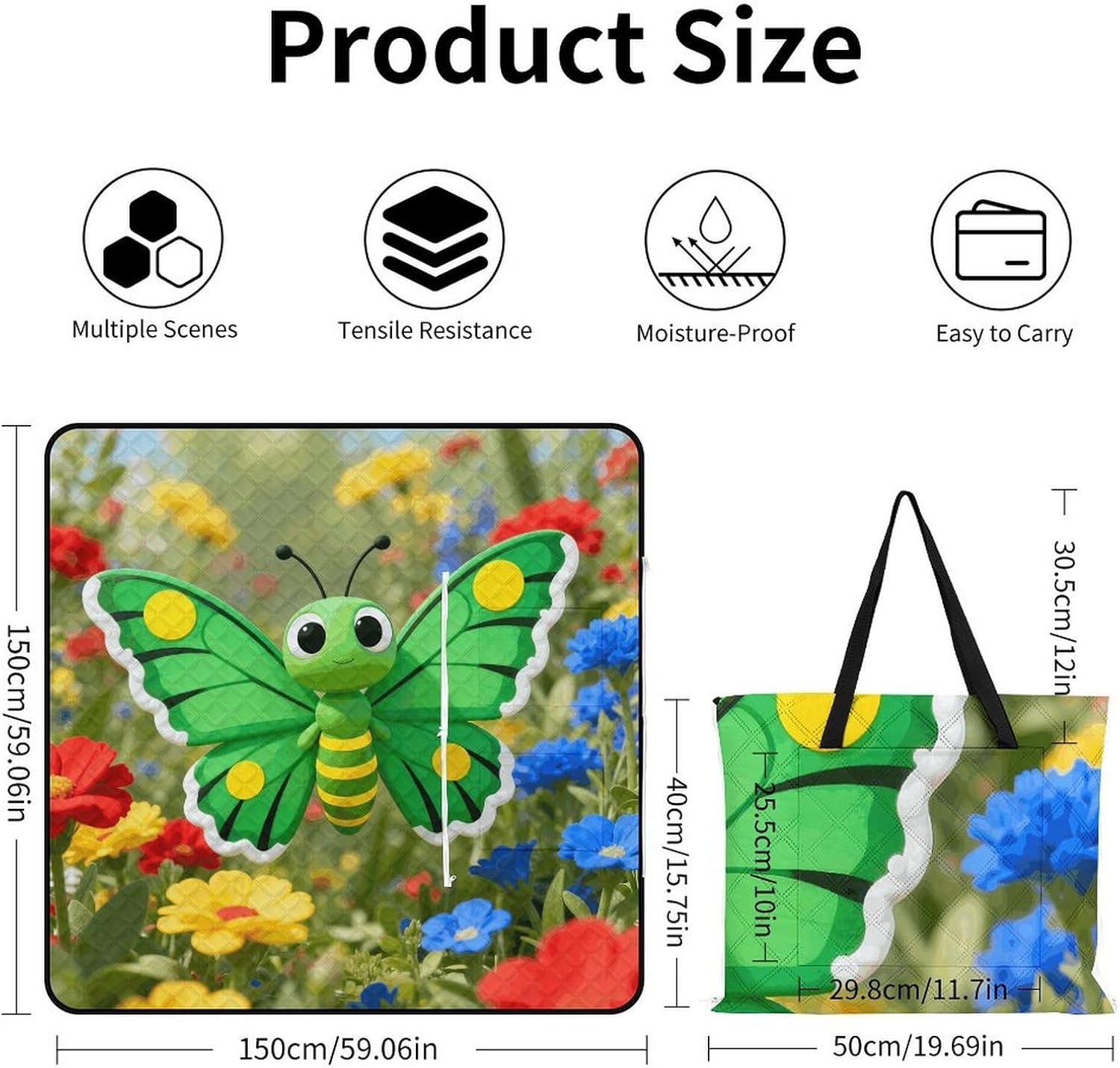 Green Butterfly Picnic Blanket with Zipper Water Resistant Sand Free Picnic Mat Washable Foldable Easy Carry Beach Blanket for Lawn Beach Hiking Camping