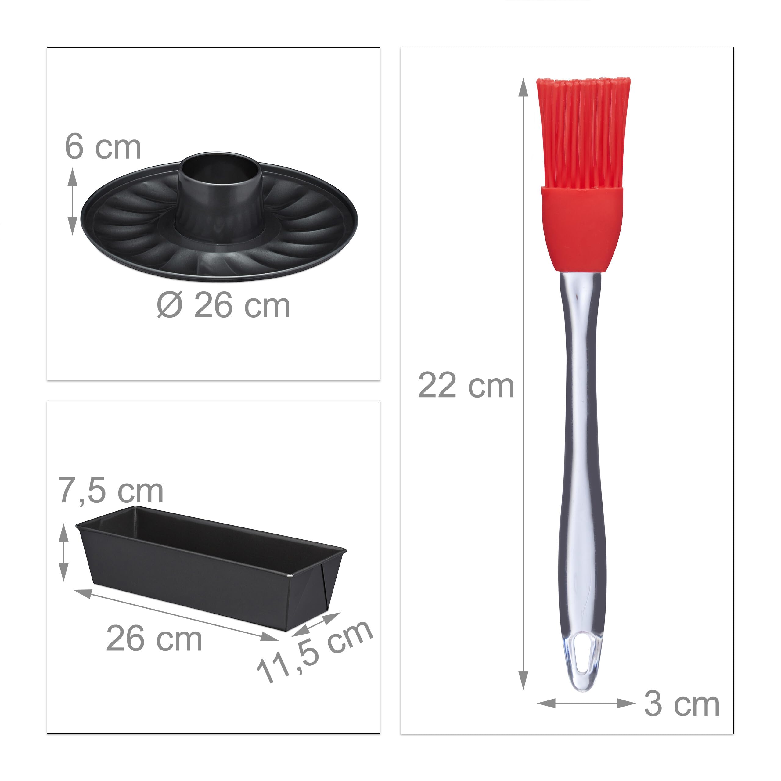 Relaxdays 10027276, anthracite Set de 5 pièces, 4 gâteaux, moule rectangle, à charnières, kouglof, à tarte, pinceau