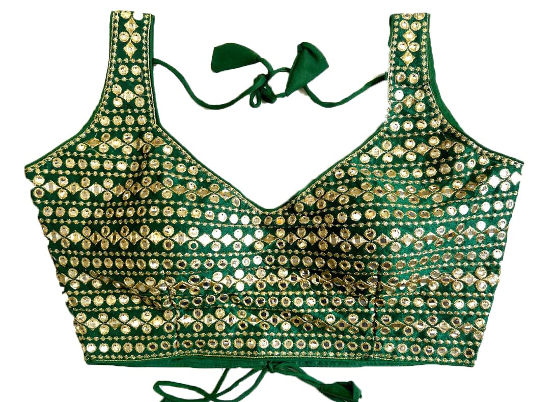 Pujia Mills Womens Readymade Sweetheart Neck Sleeveless Mirror Saree Blouse.(Paper Foil Dark Green_38)