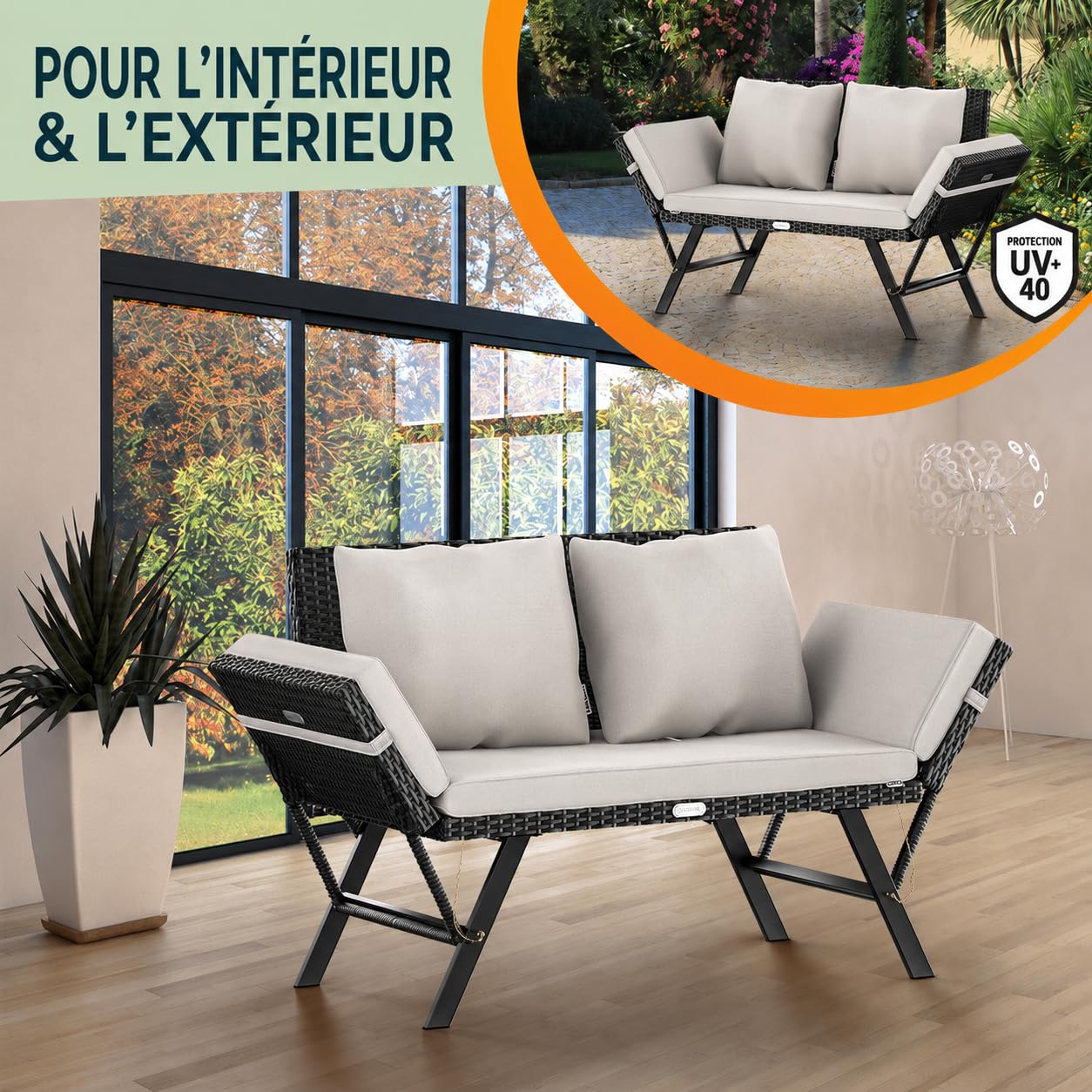 Casaria® Banc de Jardin Noir/Blanc polyrotin Fonction Chaise Longue réglables Extérieur Jardin Terrasse Balcon Canapé