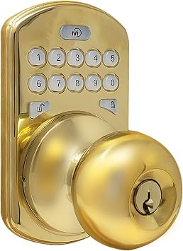 MiLocks CKK-02P Titan قفل باب الدخول بدون مفتاح - مقبض باب ذكي بمسامير مع لوحة مفاتيح إلكترونية بإضاءة خلفية ، ومزلاج قابل للتعديل ونغمات مسموعة للأبواب الأمامية الداخلية والمزيد ، نحاس مصقول
