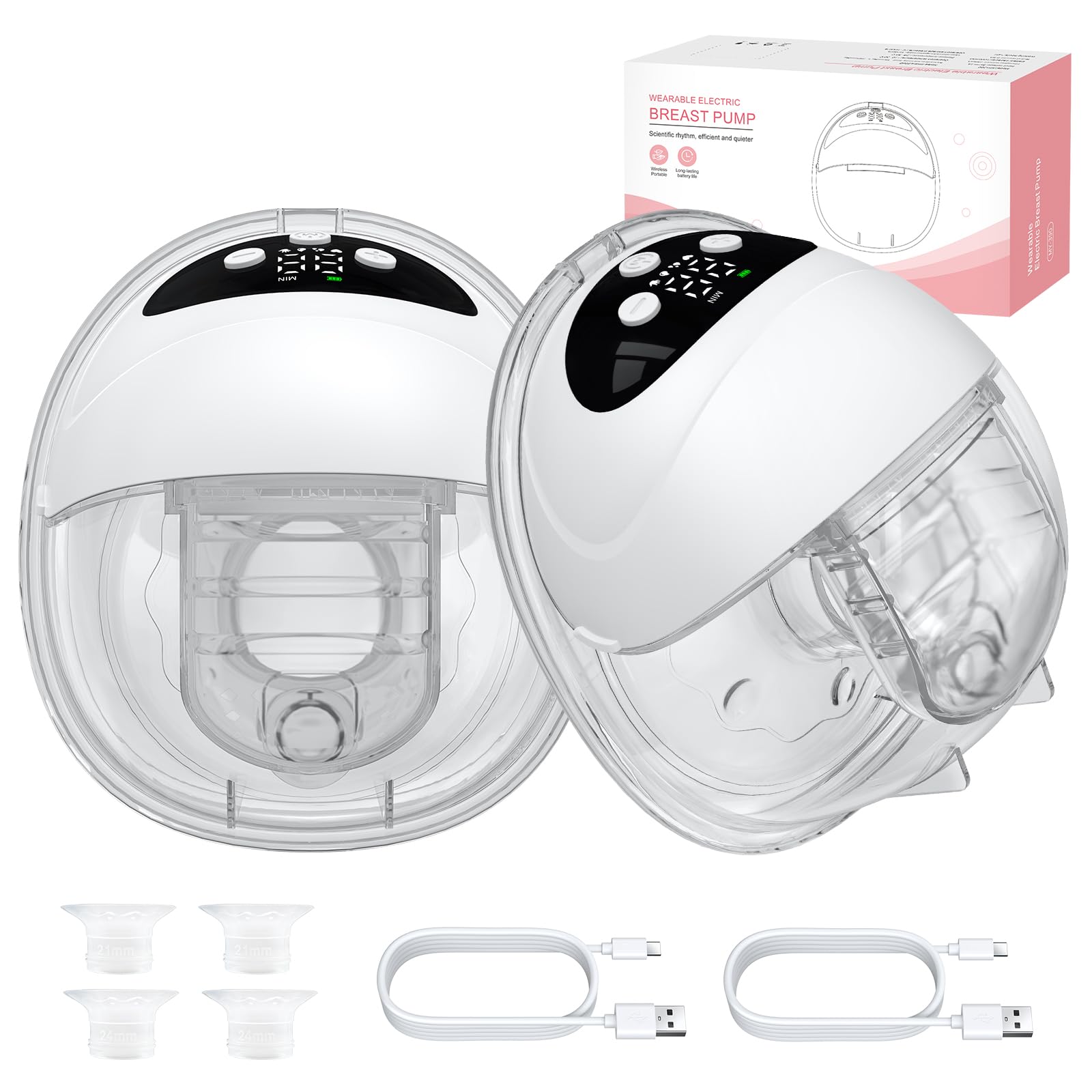 2 Piezas Sacaleches Eléctrico Manos Libres Extractor de Leche Portátil Silenciosa con 4 Modos y 12 Niveles Con Brida de 21/24/27 mm para la Oficina, los Desplazamientos y los Viajes (Blanca)
