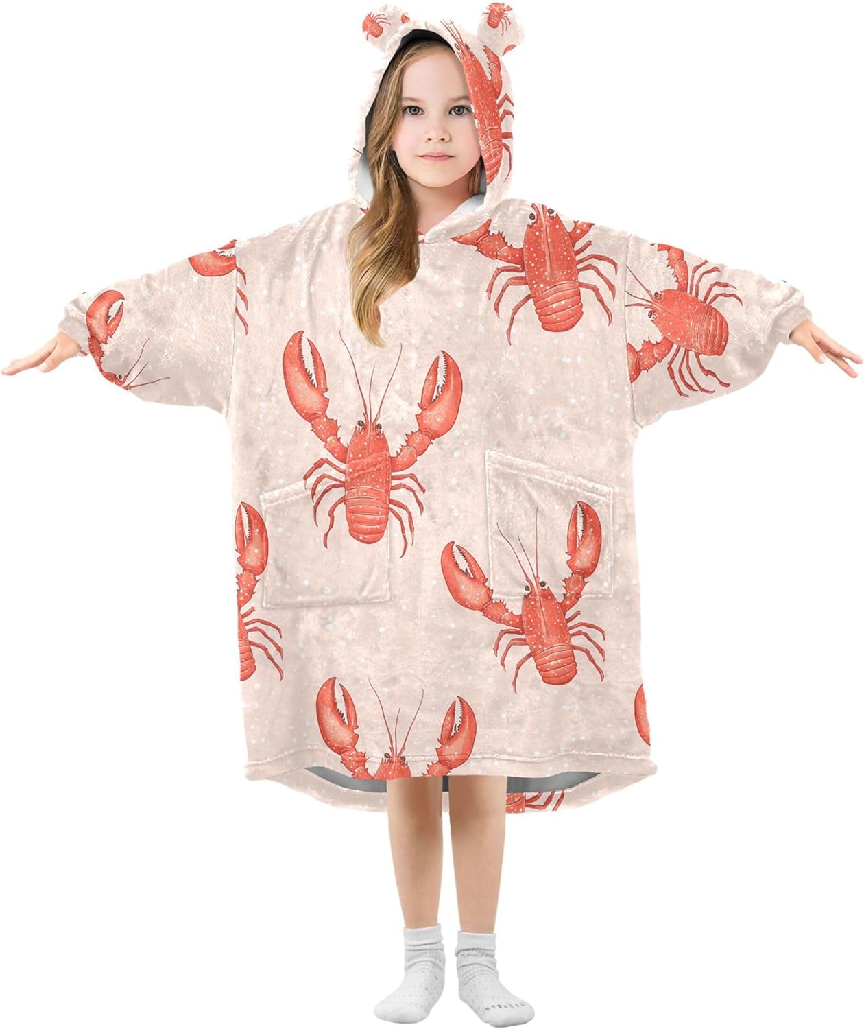 Red Lobsters Kids Wearable Blanket Hoodie with Pocket and Sleeves for Toddlers, Cute Hoodies 3-14 Year Girls Boys