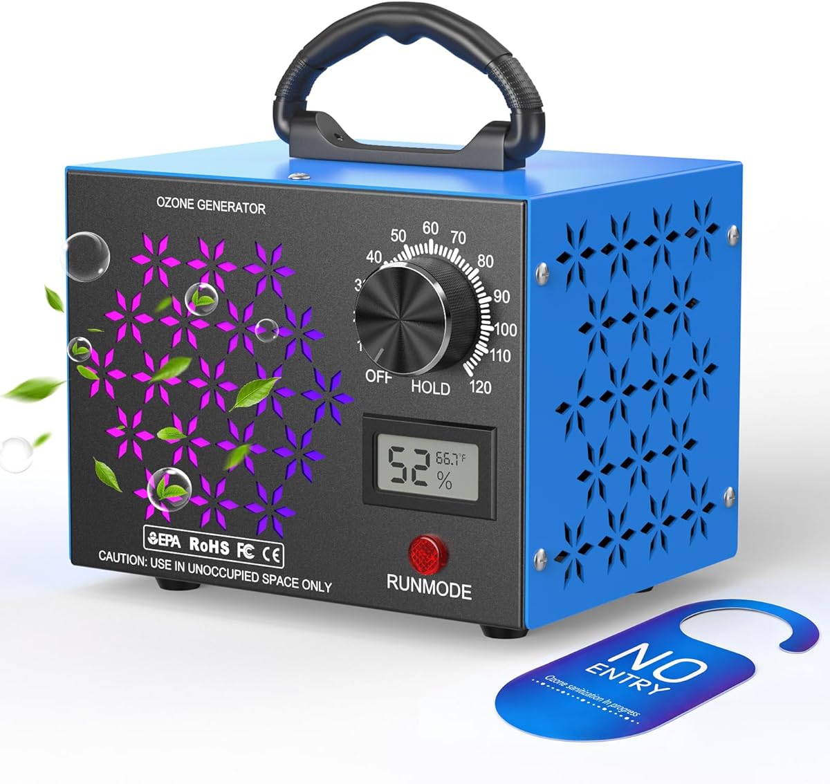 120,000mg/h Ozone Generator Machine with Temp/Humidity Display, Triple Side Vents for Enhanced Airflow - Faster & Wider Ozone Odor Eliminator Air Purifier for Home Car Pets, Up to 6000 Sqft, Blue