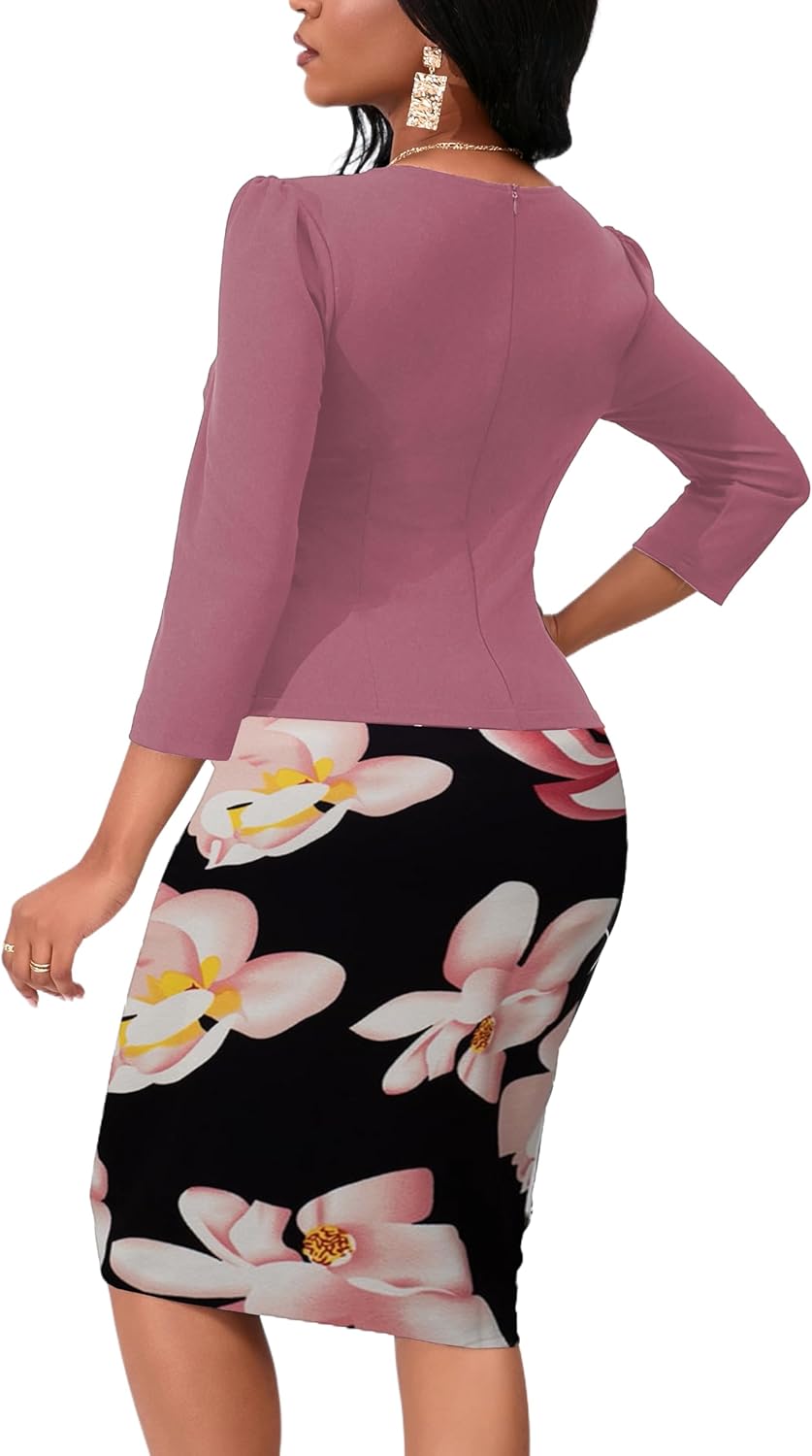 Yajedo Women's Reto Bodycon Midi Dresses 3/4 Sleeve Church Wear to Work Business Pencil Dress - Image 6