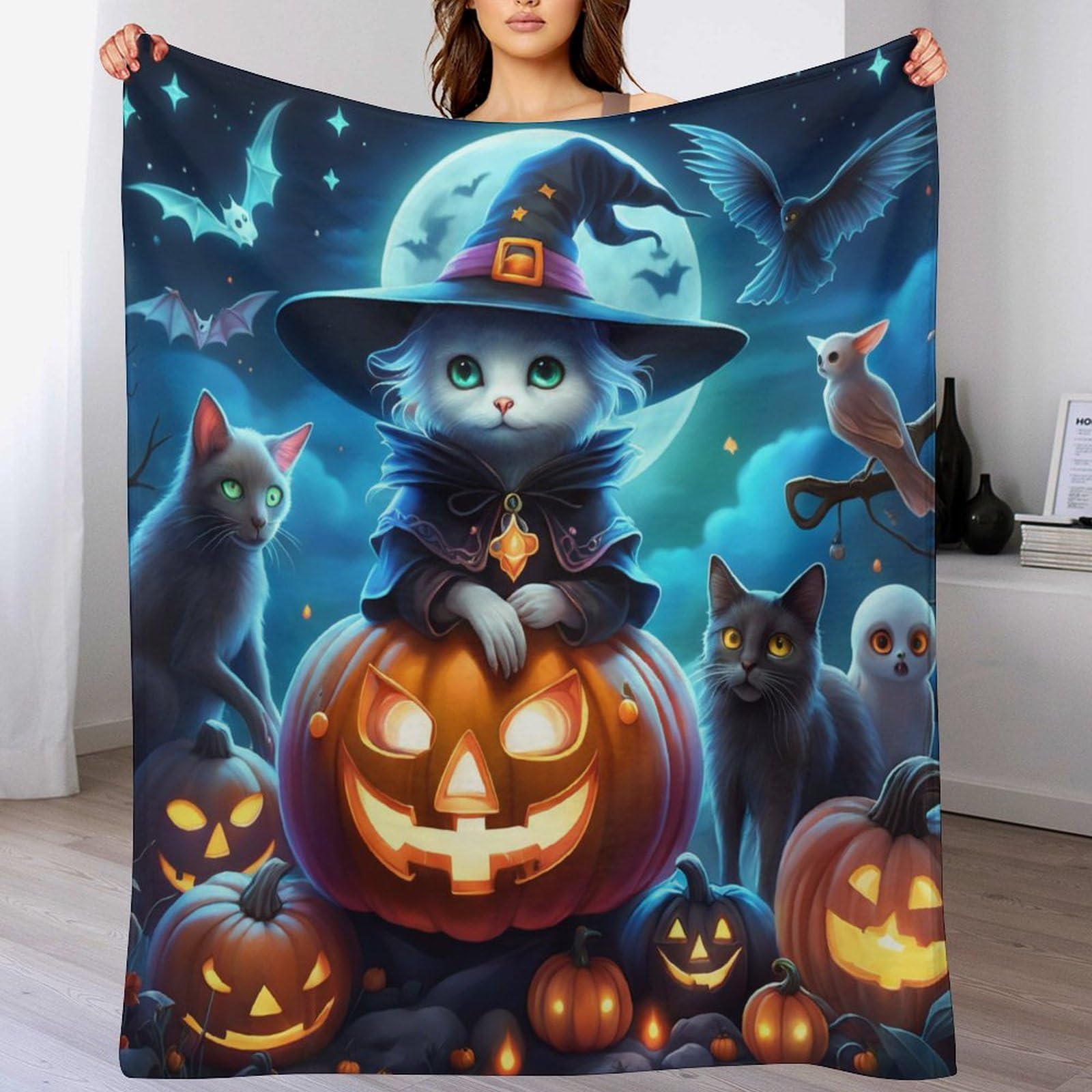 Plaid chat d'Halloween très doux et chaud en polaire flanelle douillette pour lit et voyage