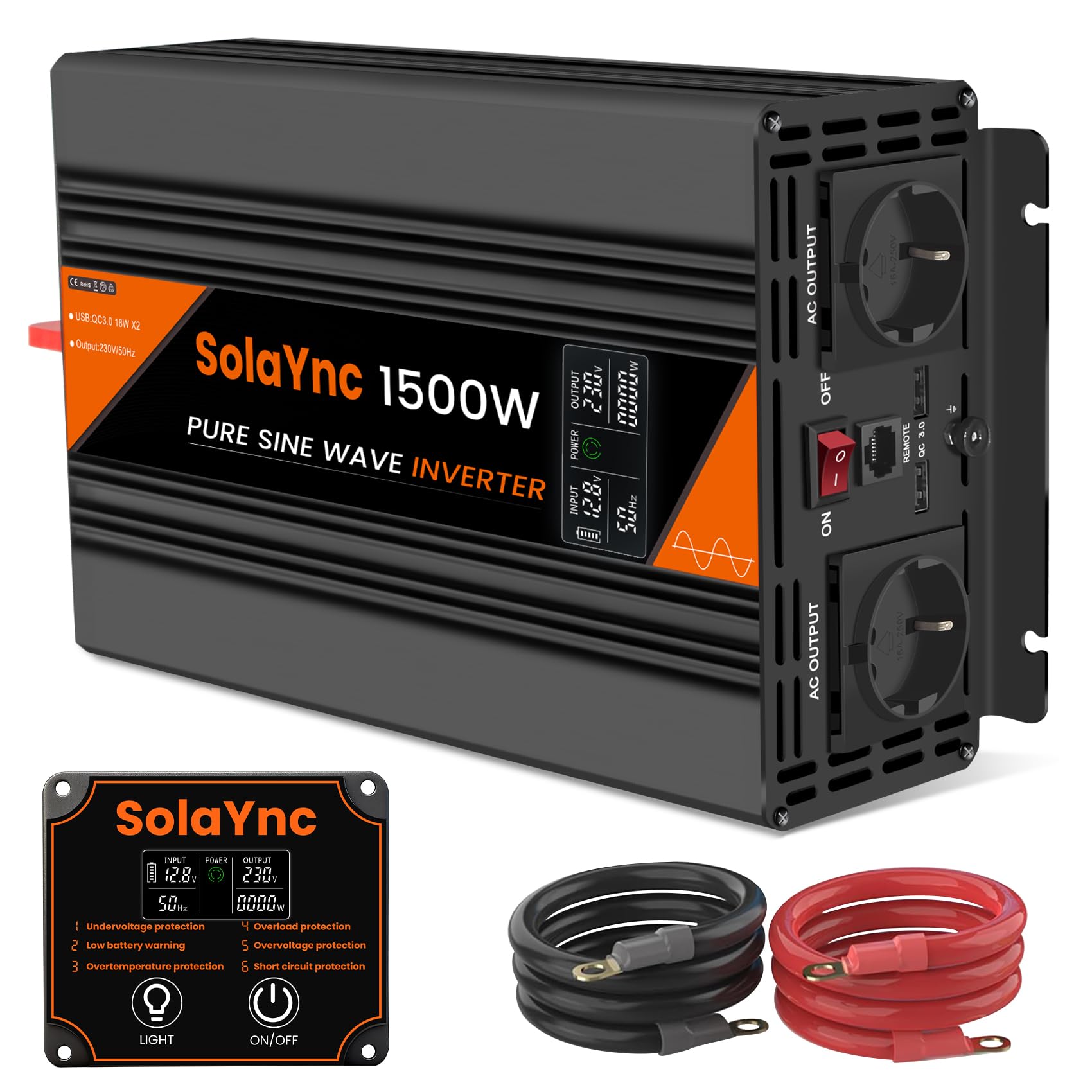 1500W Convertisseur 12V 230V Pur Sinus onduleur sinusoïdale avec écran LCD, télécommande, Prises UE, Port USB, adapté aux Camping-Cars, caravanes et installations solaires