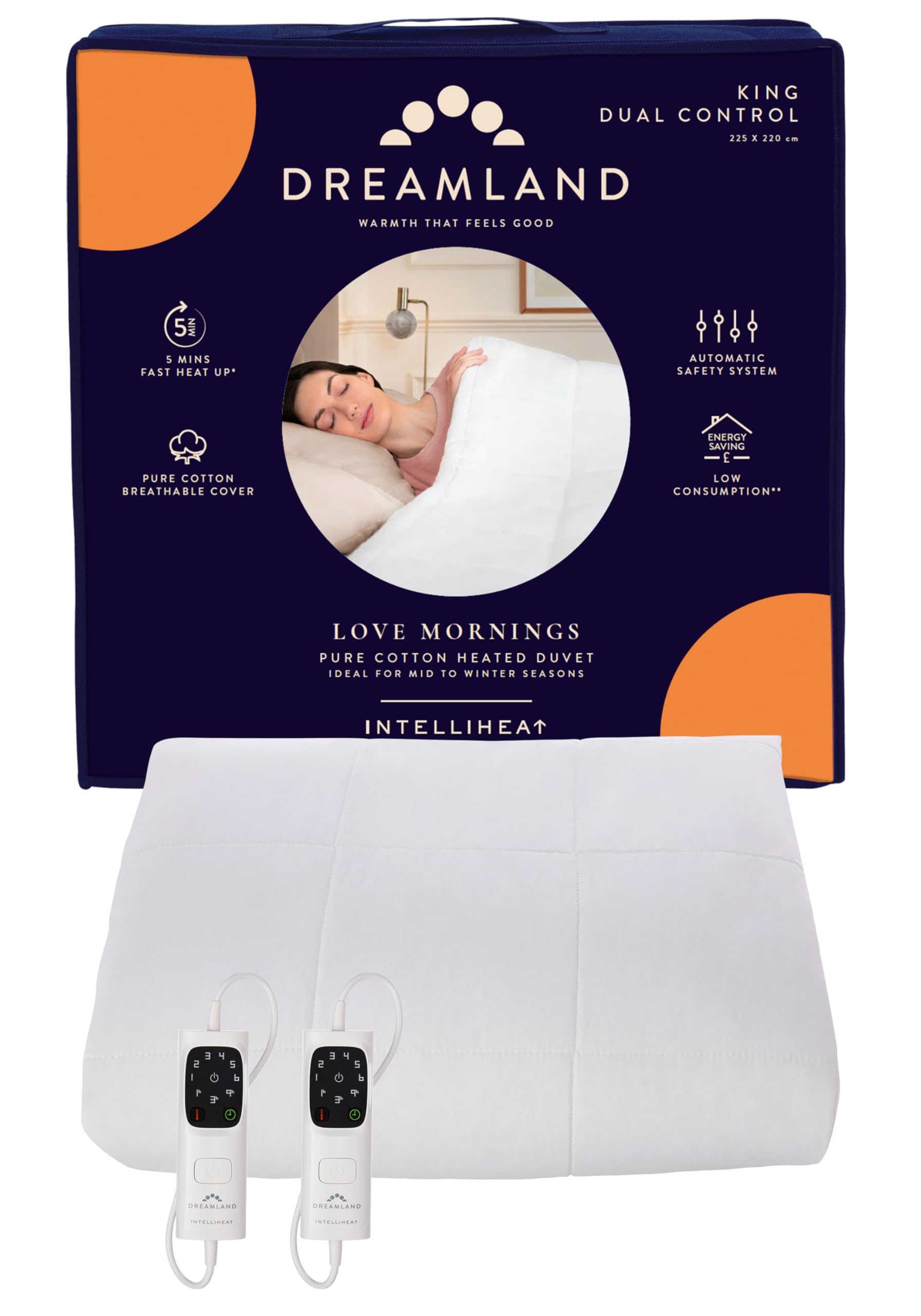 Dreamland Love Mornings Heated Duvet – Pure Cotton Cover, King Size 225×220 cm, 6 Heat ...