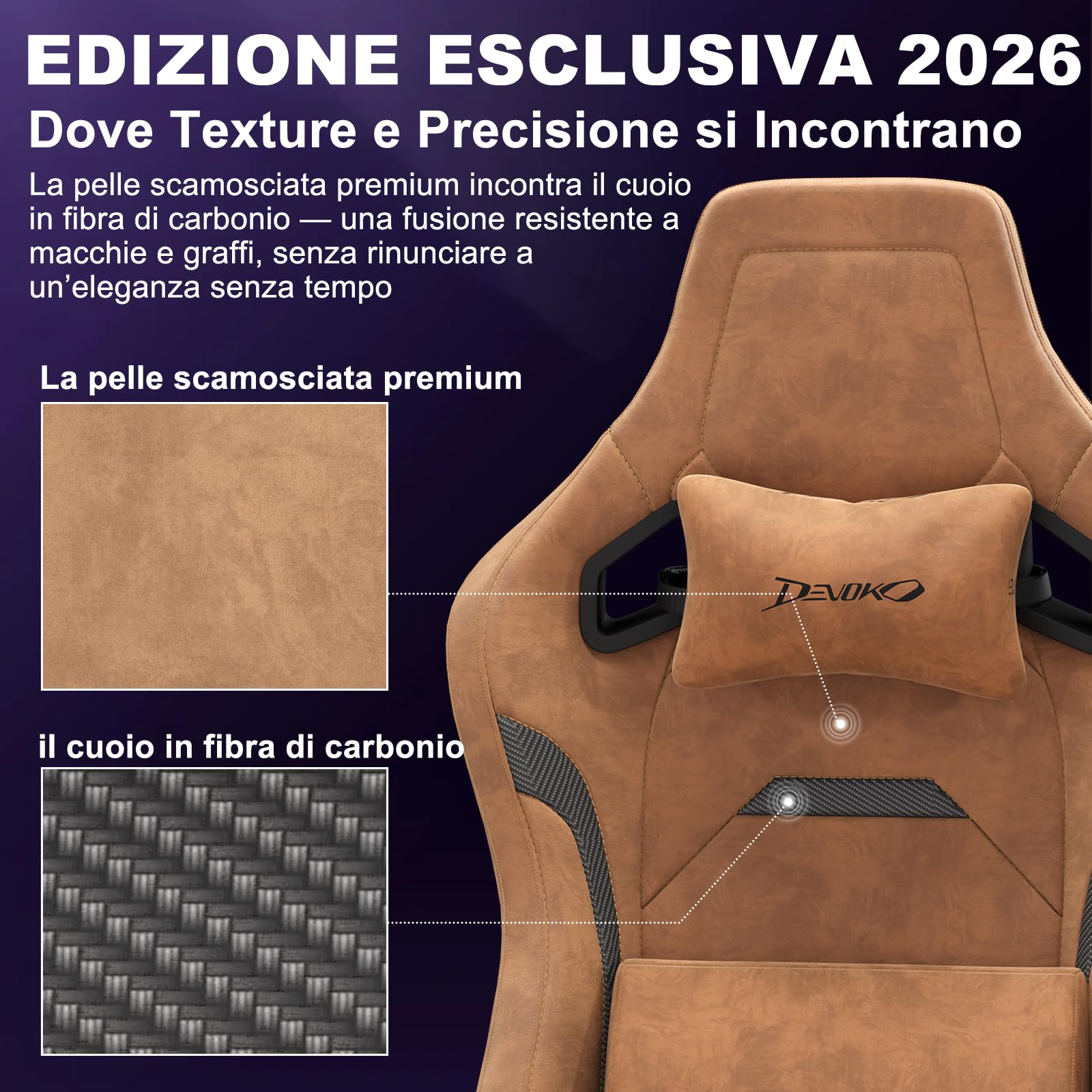Devoko Sedia da Gaming Ergonomica in Pelle Scamosciata, Poltrona da Ufficio Gamer Reclinabile 90°-135°, Braccioli 3D Regolabili, Base in Metallo, Ruote Silenziose, Portata 180kg, Marrone Chiaro