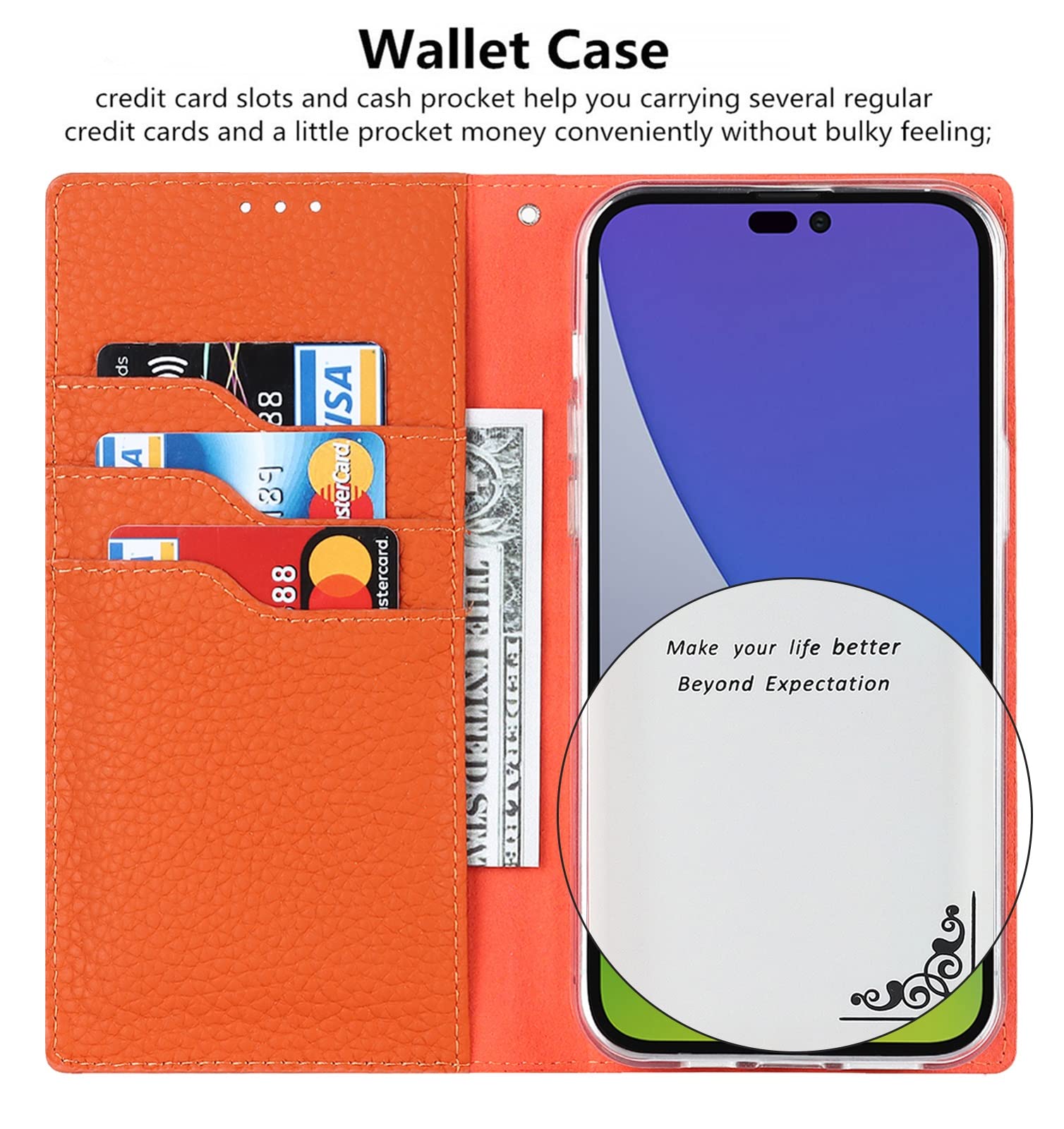 iCoverCase Custodia a portafoglio per iPhone 15 Pro, in vera pelle, con blocco RFID, chiusura magnetica, con cinturino da polso e scomparti per carte di credito, funzione cavalletto, custodia a libro