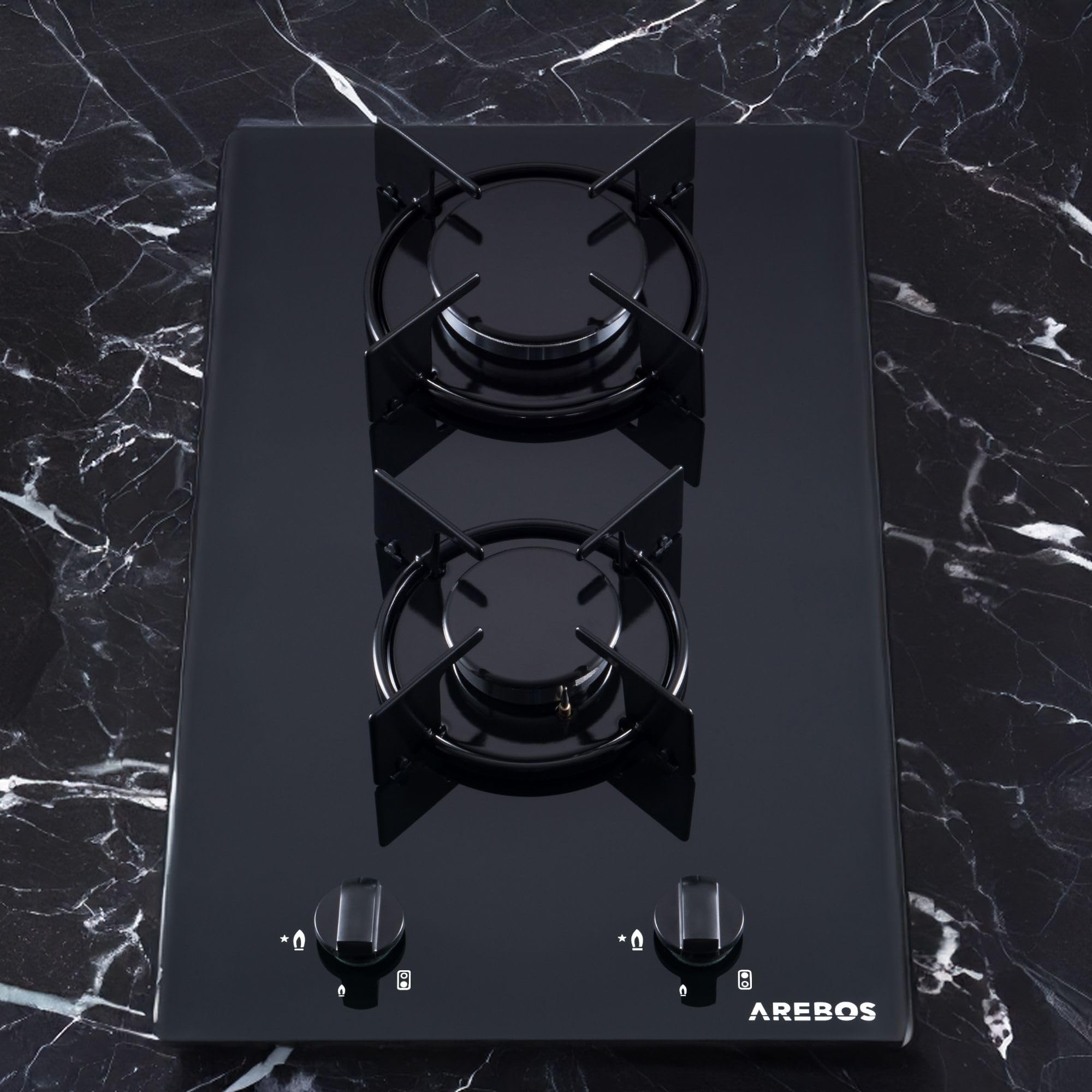 Arebos Placa de gas 30 cm 2 quemadores | Vidrio templado | Empotrable con soportes de hierro fundido | Compatible con gas natural y propano | Encendido seguro integrado
