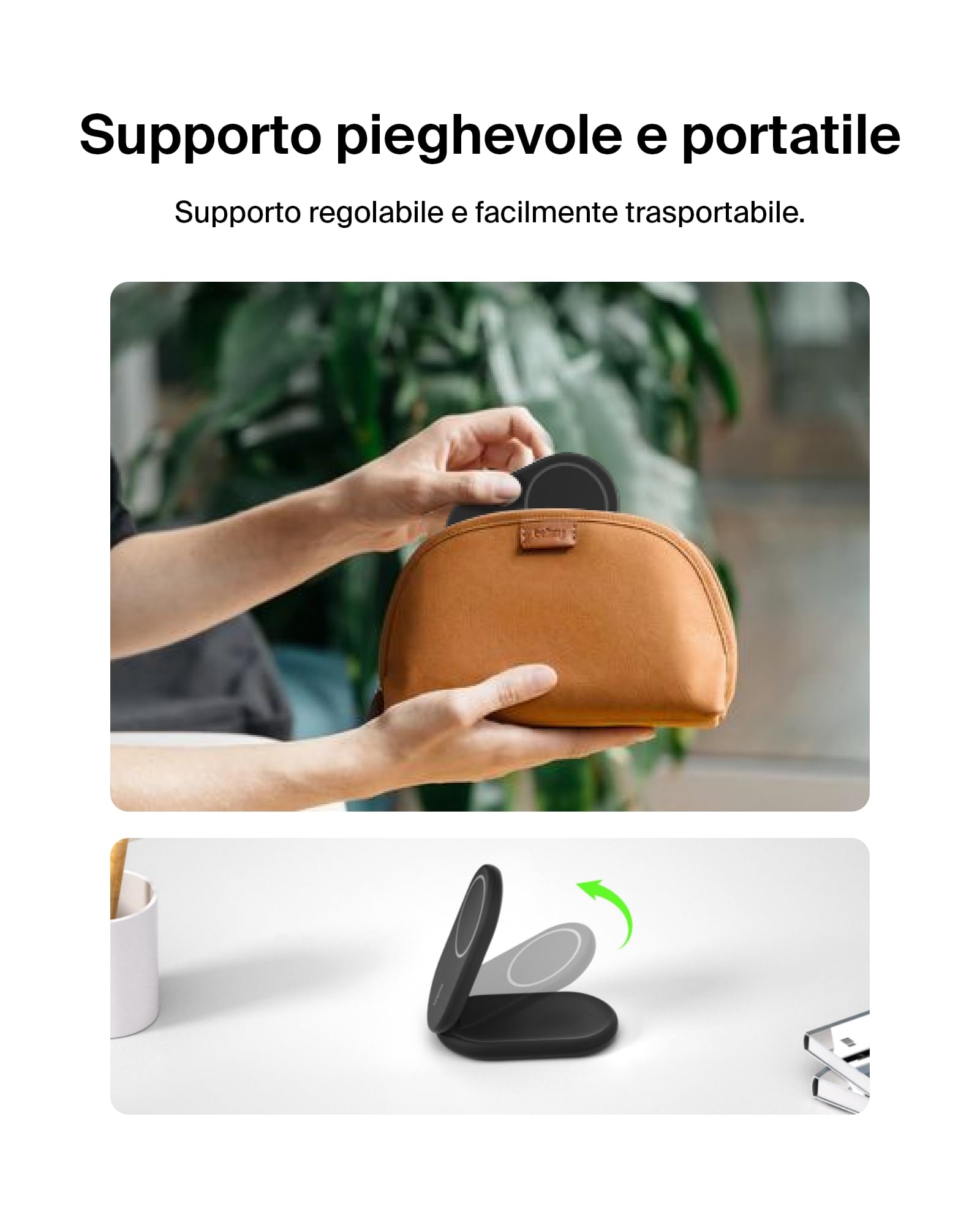 Belkin BoostCharge Caricabatteria magnetico pieghevole 2 in 1 con Qi2 15W, Caricatore wireless compatibile con MagSafe, ricarica rapida per Apple iPhone 17, iPhone Air, Pixelsnap, alimentatore - Nero
