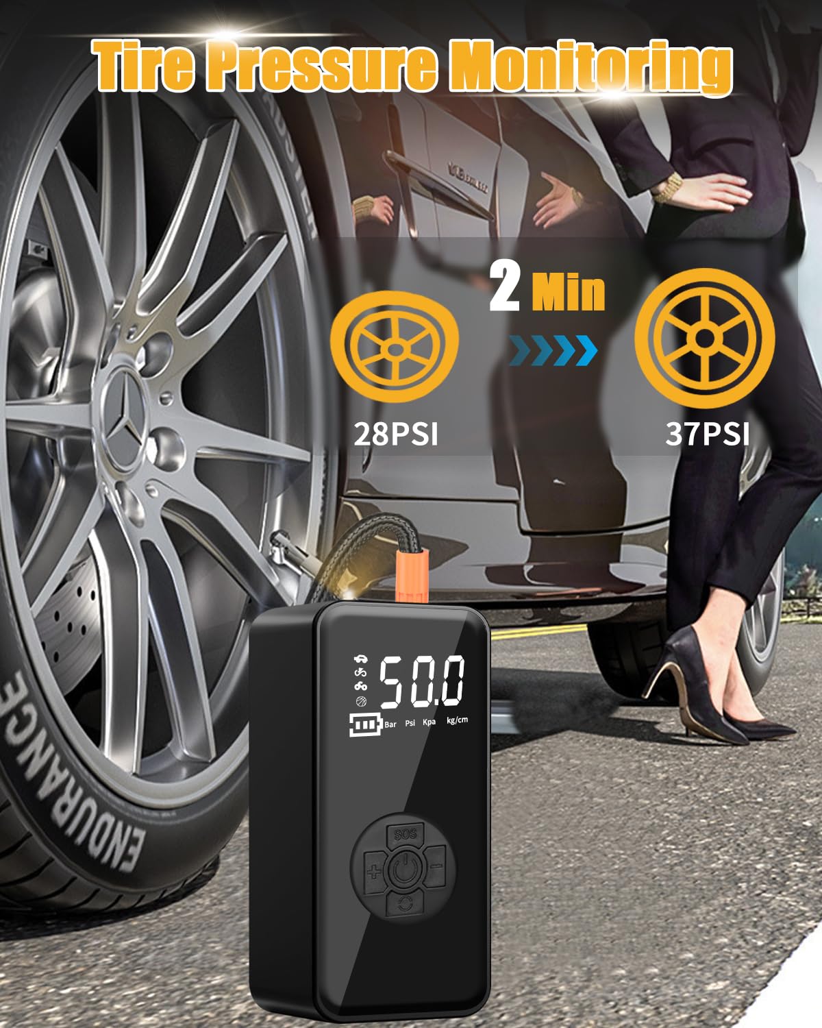 Compresseur à Air Portatif, Gonfleur Pneus Voiture 2 * 1800mAh, 150PSI Pompe à Air Électrique, Type-C USB Charge, 4 Modes, Mini Gonfleur Electrique Rechargeable pour Vélo Moto Scoote Balle, Noir