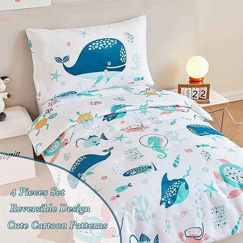 Miniatura 3 de PERFEMET Juego de ropa de cama de 4 piezas con temática oceánica para niñas, suave, reversible, animales marinos, cama blanca en una bolsa para