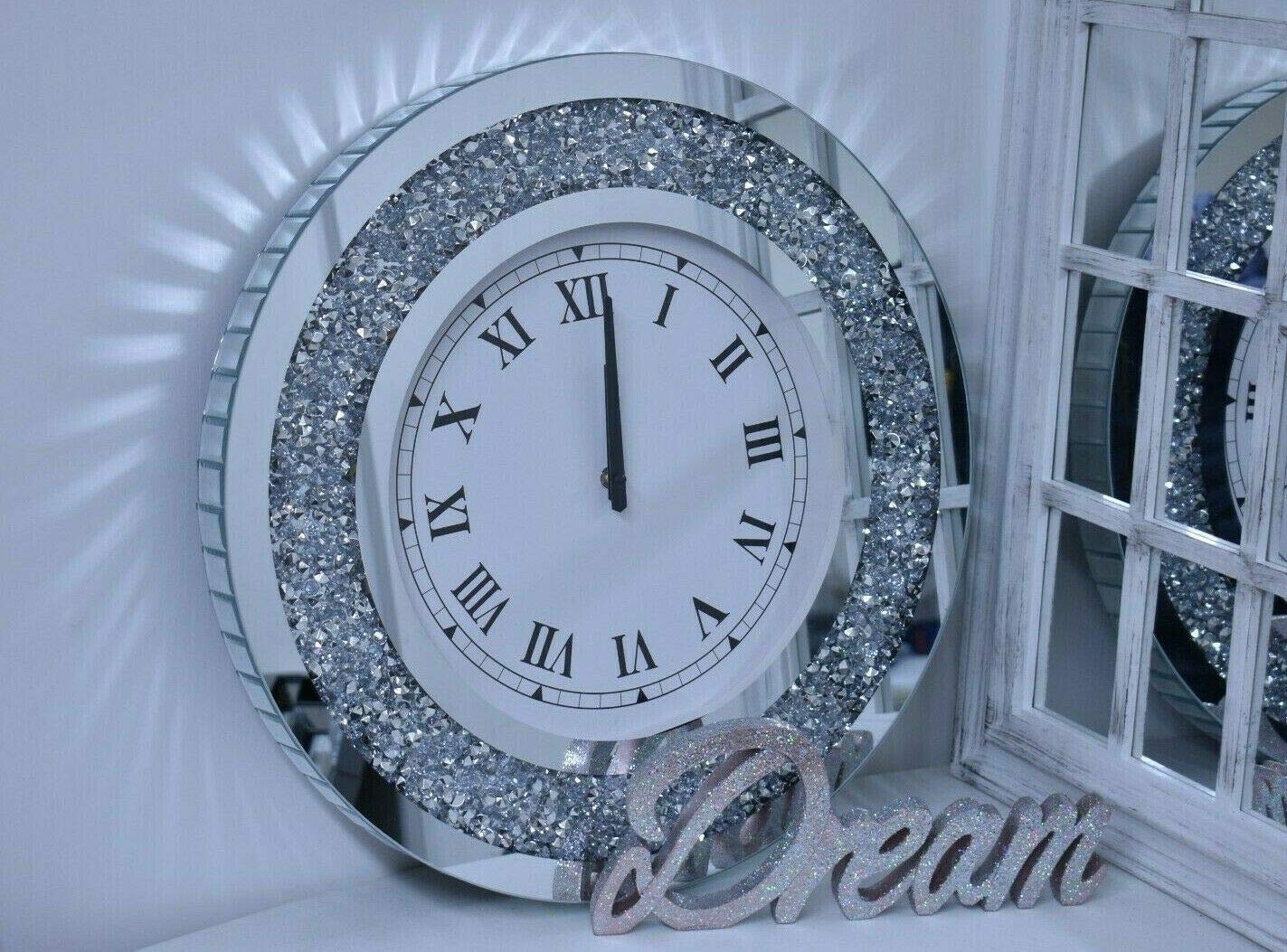 DEENZ Large Round 50cm Crushed Mirror Jewel Wall Clock Black Hands Roman Number Diamante Glass Silver Eye Catching Home Décor