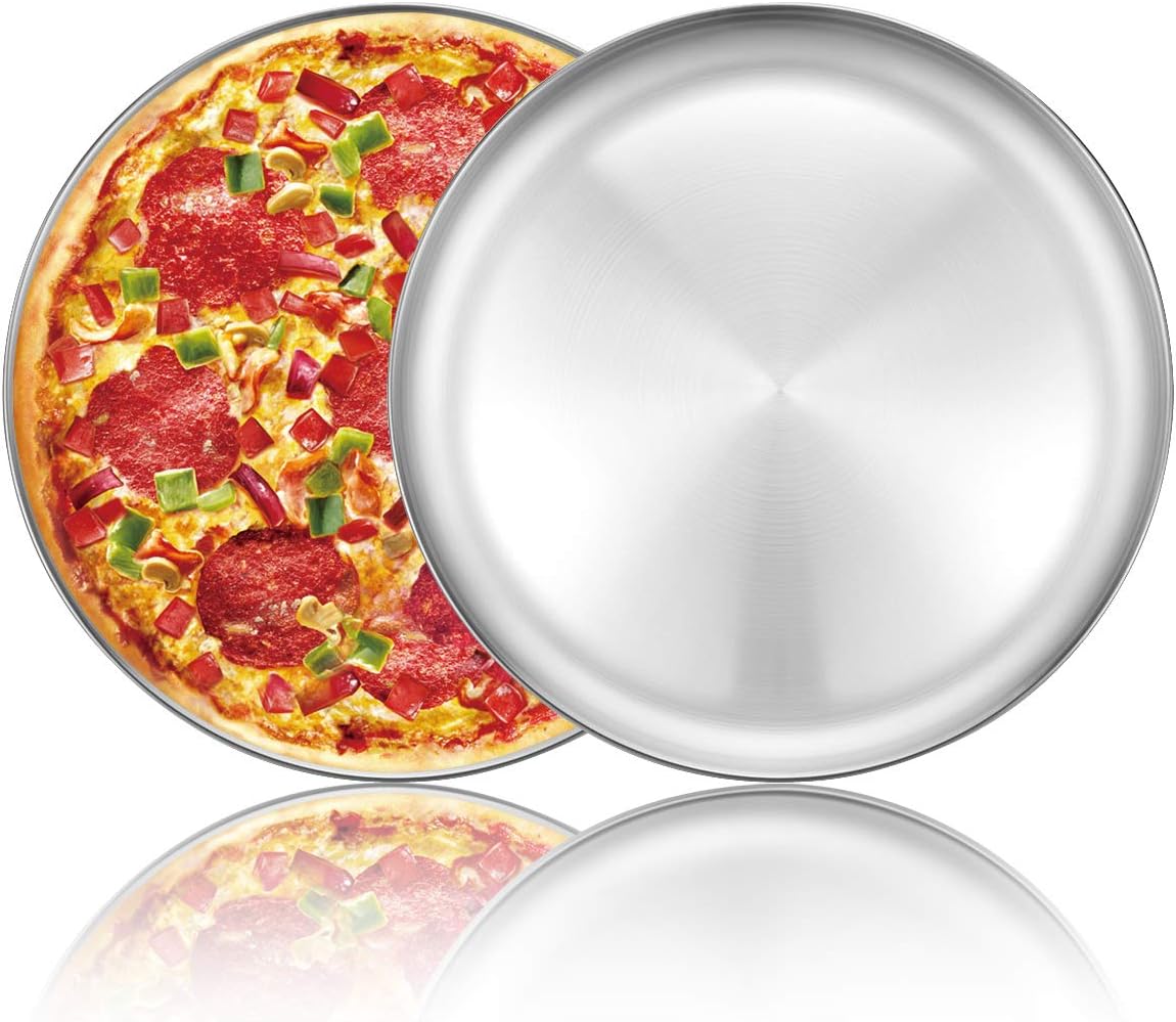 Deedro 12 Inch Pizza Pan, Stainless Steel Pizza Tray Baking Sheet for Oven, Round Plates for Cookie Pie Pizza Salad, Healthy & Durable & Dishwasher Safe, 2 Pack
