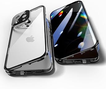 Anti Peeping Case for iPhone 16 Pro Max, SPY Screen Magnetic Adsorption Metal Bumper With Lens Protector, 360 Degree Protection Front Privacy Tempered Glass Back Clear Cover Black
