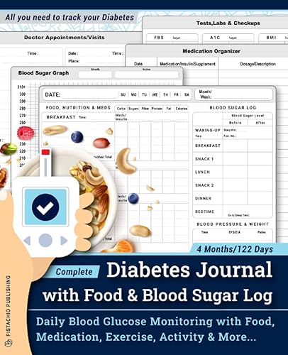 Complete Diabetes Journal with Food &amp; Blood Sugar Log: Daily Blood Glucose Monitoring at Each Meal(Before/After) with Food, Nutrition, Medication/Insulin, Exercise, Activity Tracking &amp; More