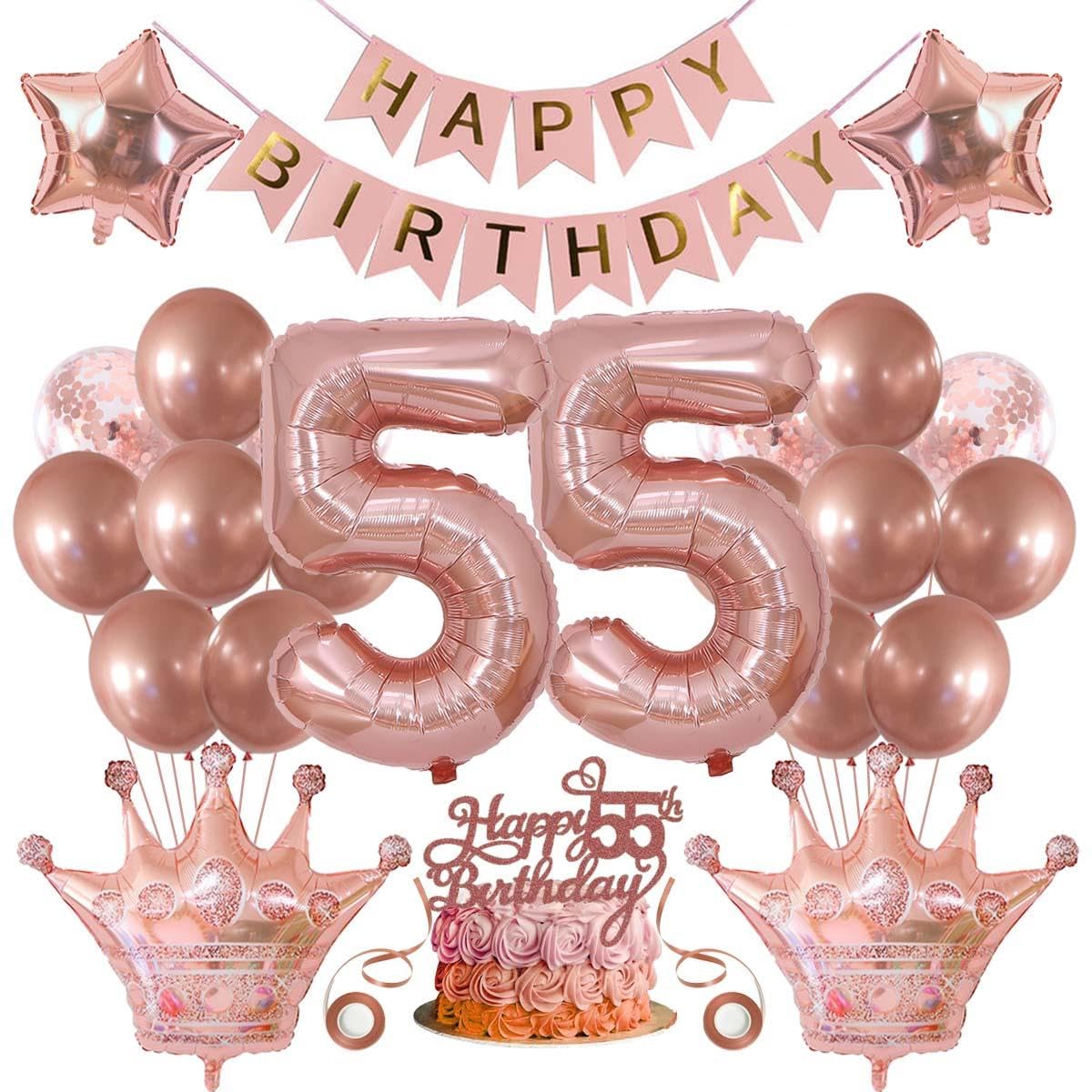 55th Birthday Balloons & Decorations - Rose Gold Cake Topper & Woman Themed Items