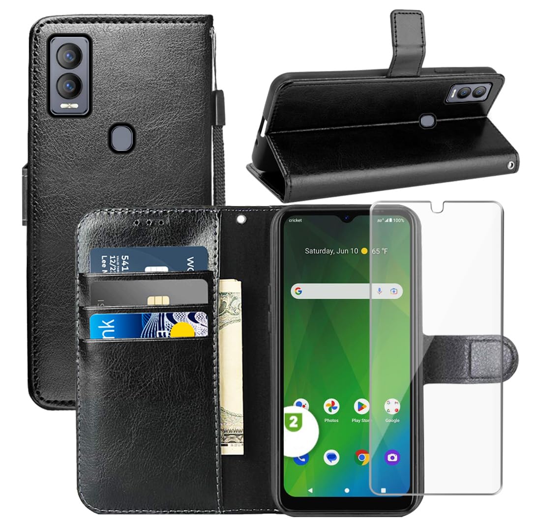 YJROP for Cricket Magic 5G, AT&T Propel 5G Case,with Screen Protector,PU Leather Wrist Strap Card Slots Shockproof Protective Flip Cover Phone Wallet Case for Cricket Magic 5G, AT&T Propel 5G, Black