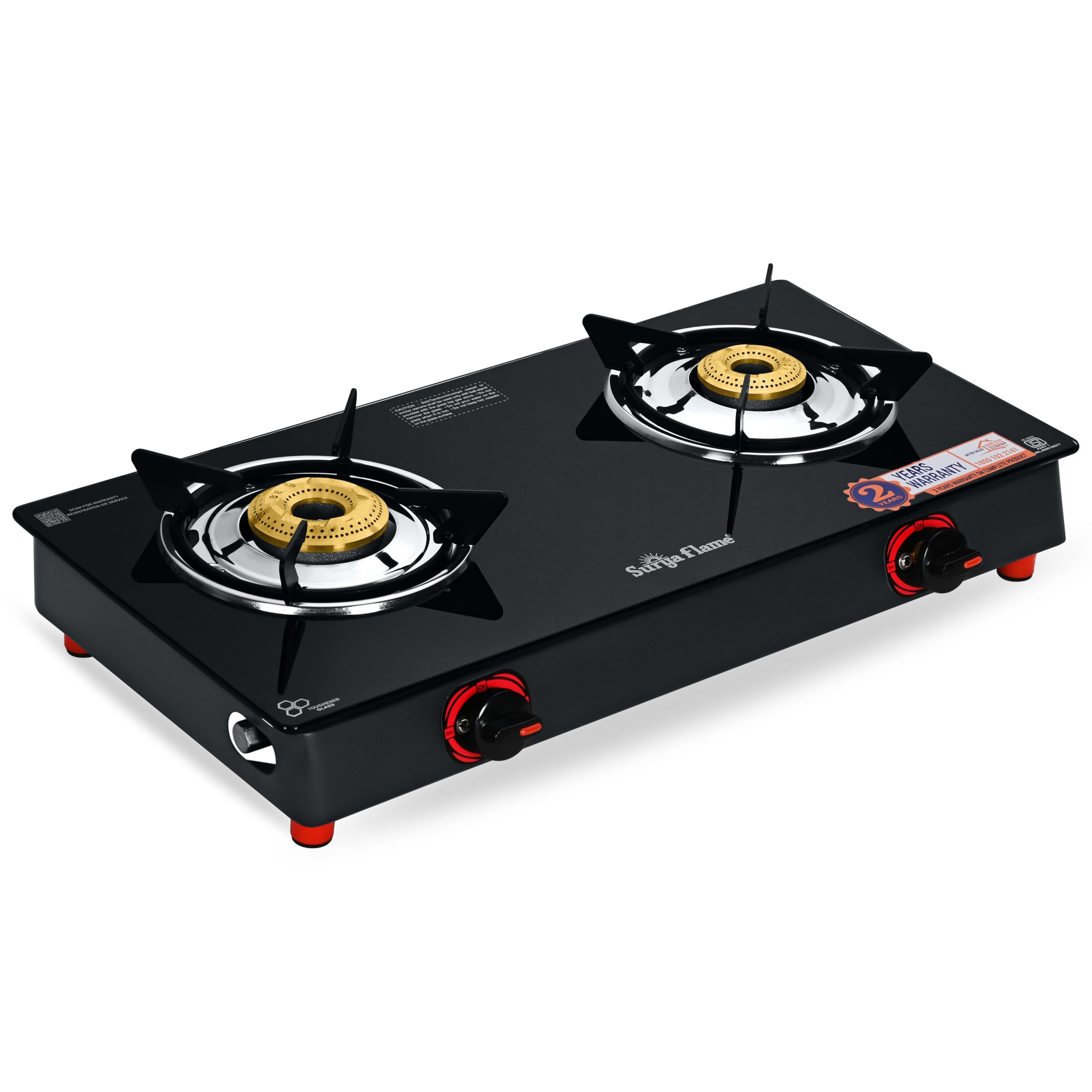 Surya Flame PNG Gas Stove 2 Burners Glass Top with High Powered Brass Burner, Premium Toughened Glass & Powder Coated Body for Modular Kitchen, ISI Certified & 2 Years Warranty with Doorstep Service