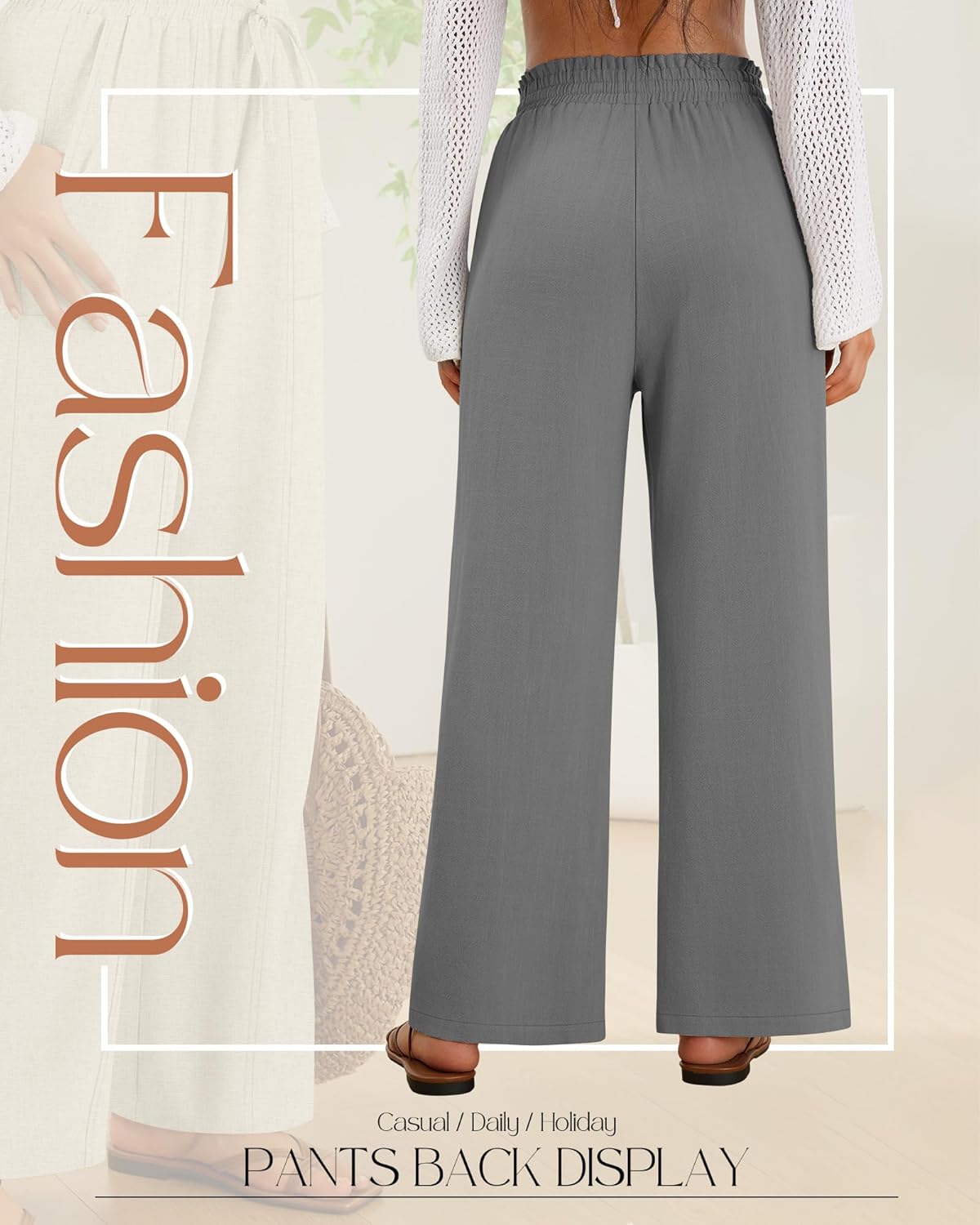 2 Pack Women's Linen Pants Summer Wide Leg Drawstring Elastic Waist Pant Casual Loose Fit Beach Trousers with Pockets(Flaxen, Gray,Large) - Image 4