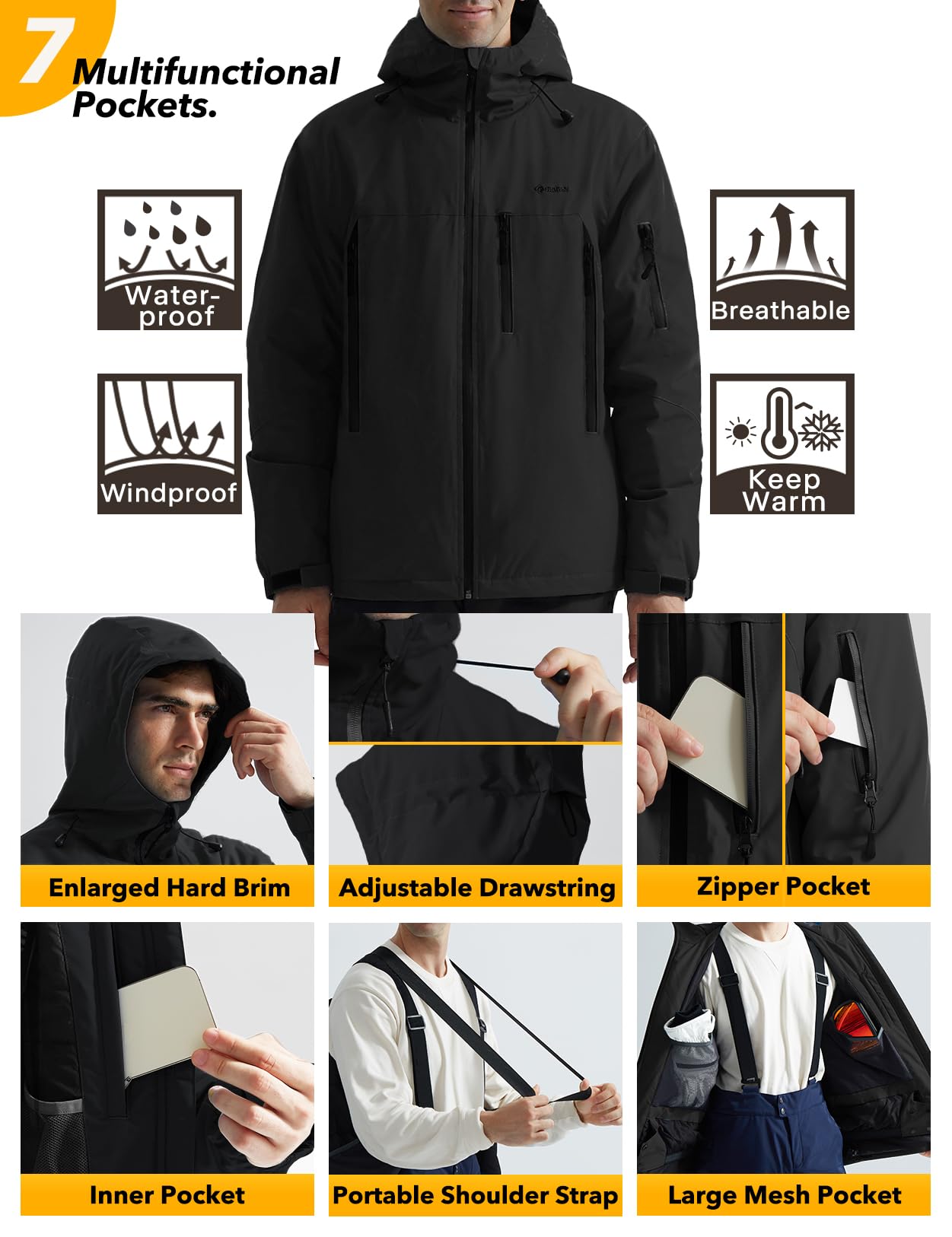 GEMYSE Herren Skijacke Wasserdicht Winterjacke mit Kapuze Schulterträger Berg Windbreaker Snowboarden