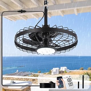 Depuley Outdoor Ceiling Fan with Light: 20 Inch Waterproof Gazebo Fans with Lights Outdoor Hanging - Plug in Remote App Control Caged Fans for Patios Pergola Porch Canopy - 6 Speed Black - Amazon product rated Grade A