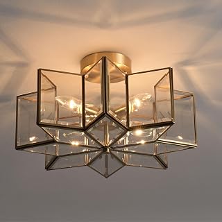 Milaii Star Semi Flush Mount Ceiling Light Fixture 16.3in Copper Brass Close to Ceiling Light Clear Glass 4-Light Hallway Lights for Kitchen Bedroom Foyer