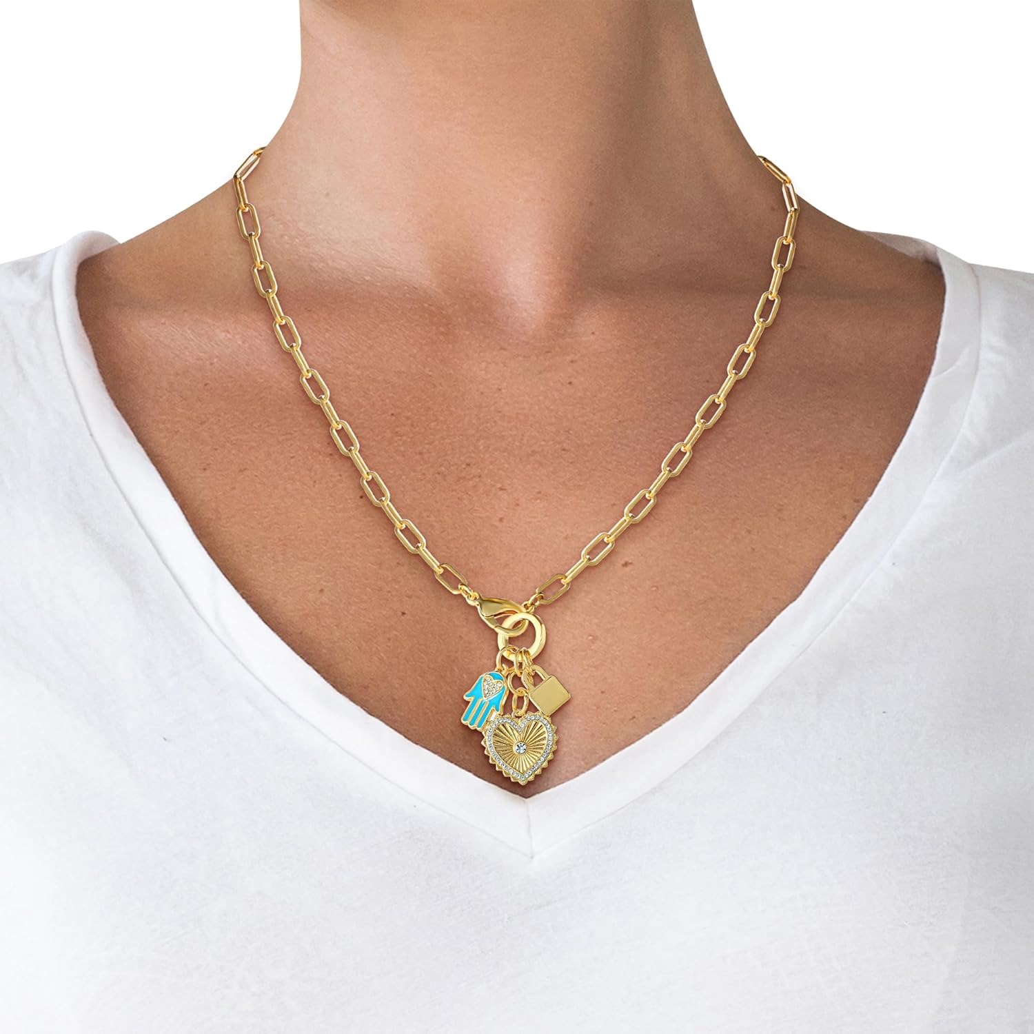 Jessica Simpson Womens Triple Charm Necklace 17" - Gold-Tone Necklace with Lock Charm and Heart Charms - Image 2