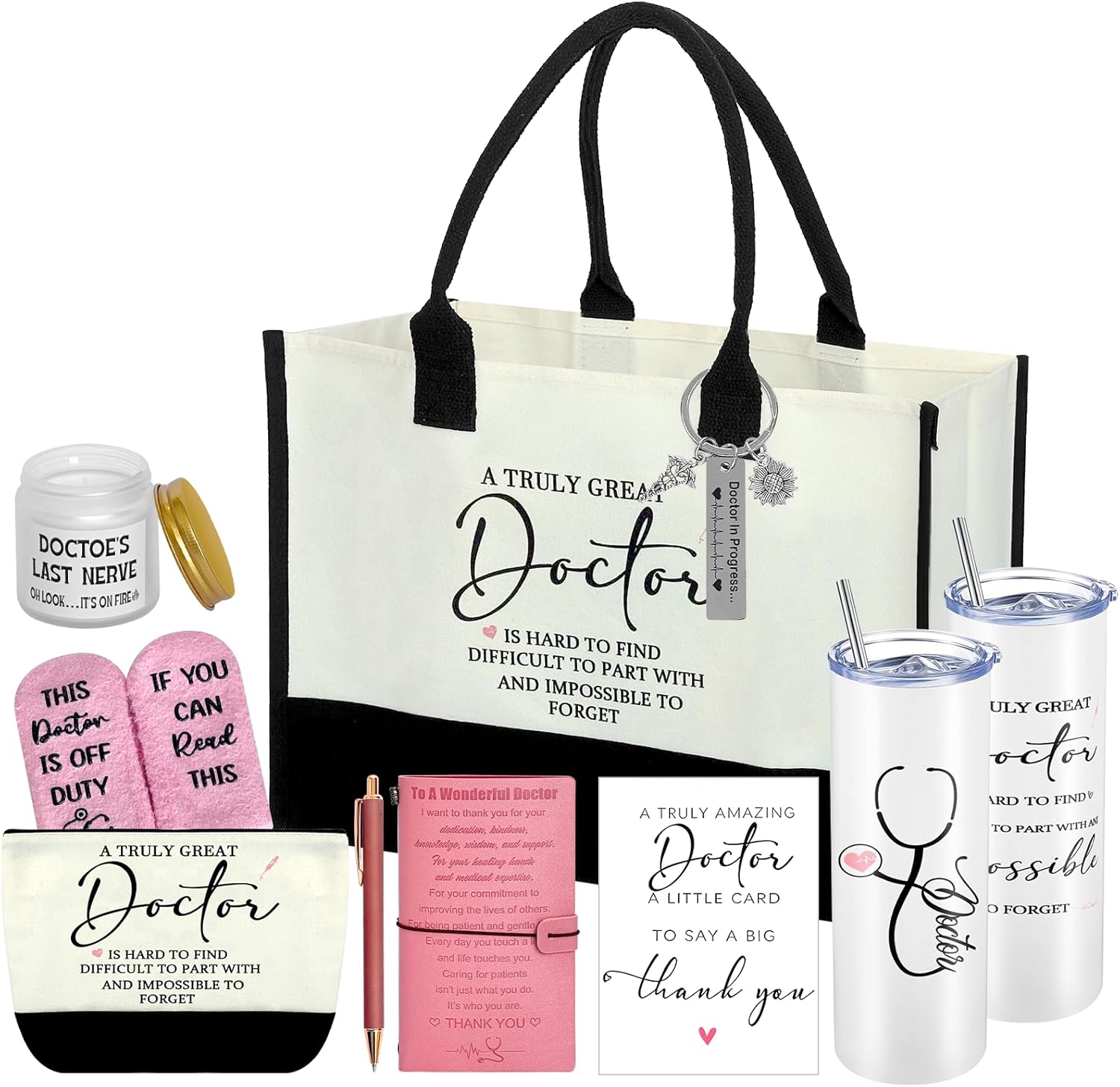 9 Pcs Doctor Appreciation Gifts for Women Include Tote Bag Cosmetic Bag Tumbler Plush Socks Keychain Card Pen Notebook Scented Candles Medical Inspiration Gifts for Doctor Healthcare Workers