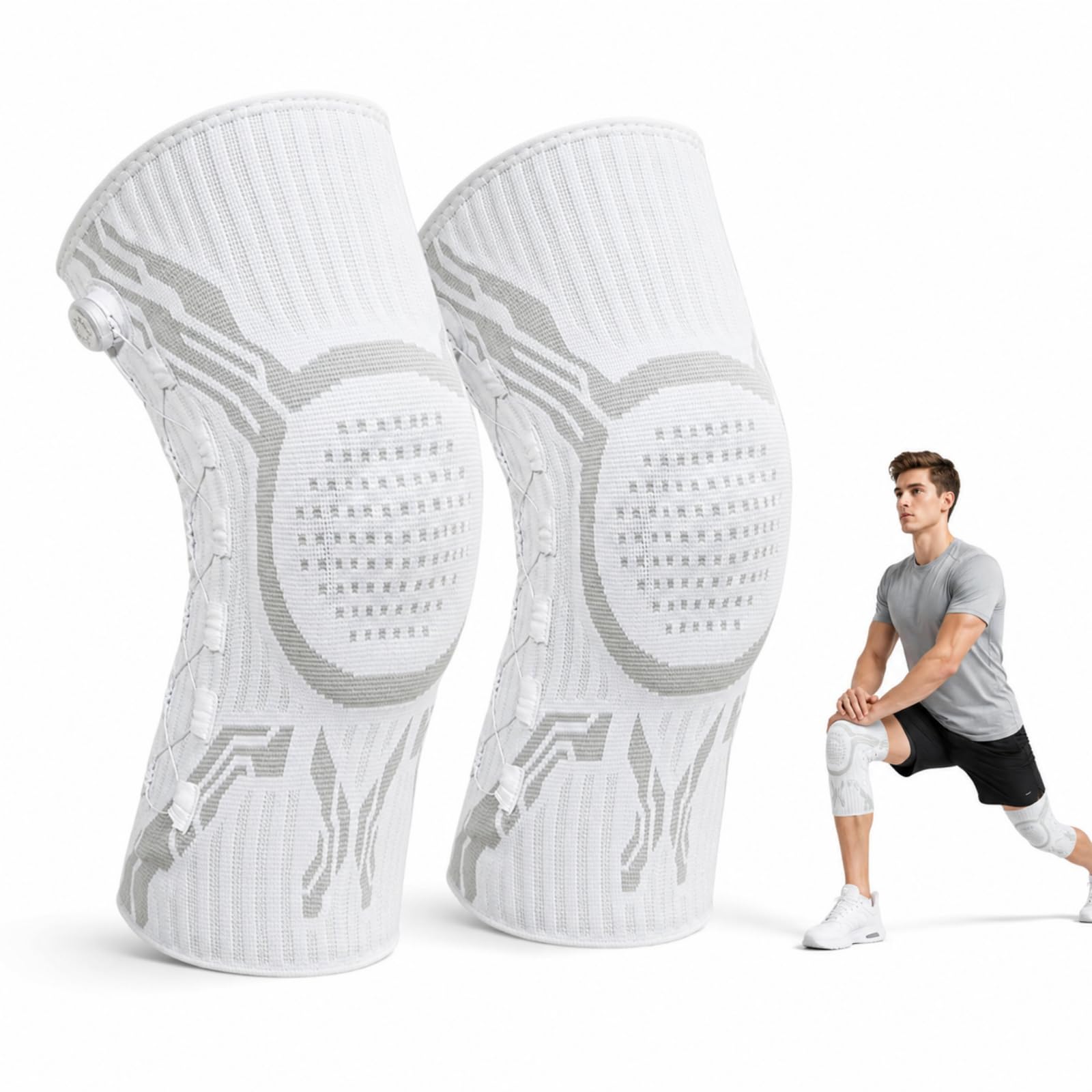 VILAO Kniebandage Drehverschluss Patellarschutz 3D Kompression Stabilität Sport Laufen Fitness Alltag Rutschfest Schwarz (2 Grauweiß,L)